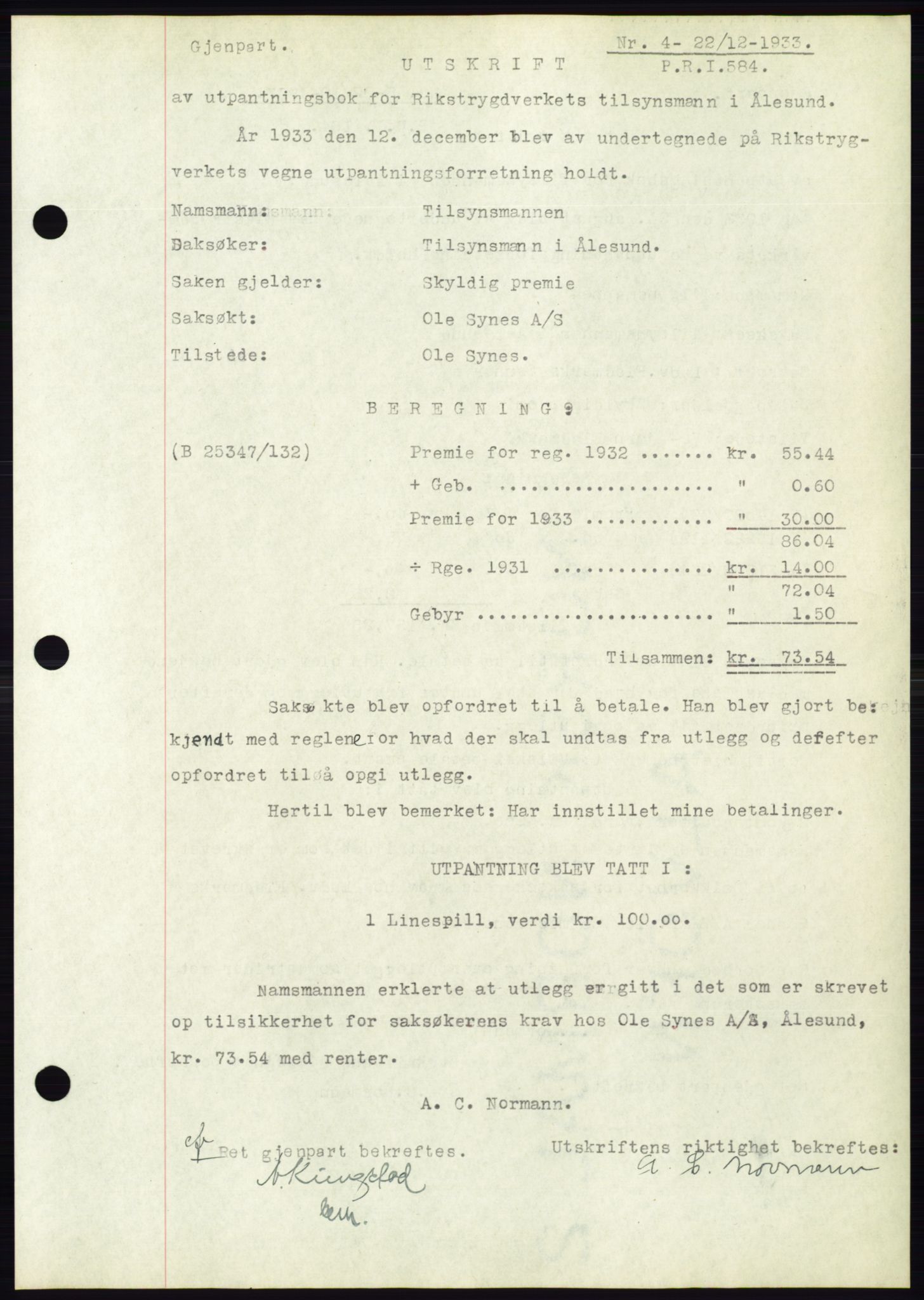 Ålesund byfogd, AV/SAT-A-4384: Mortgage book no. 31, 1933-1934, Deed date: 22.12.1933