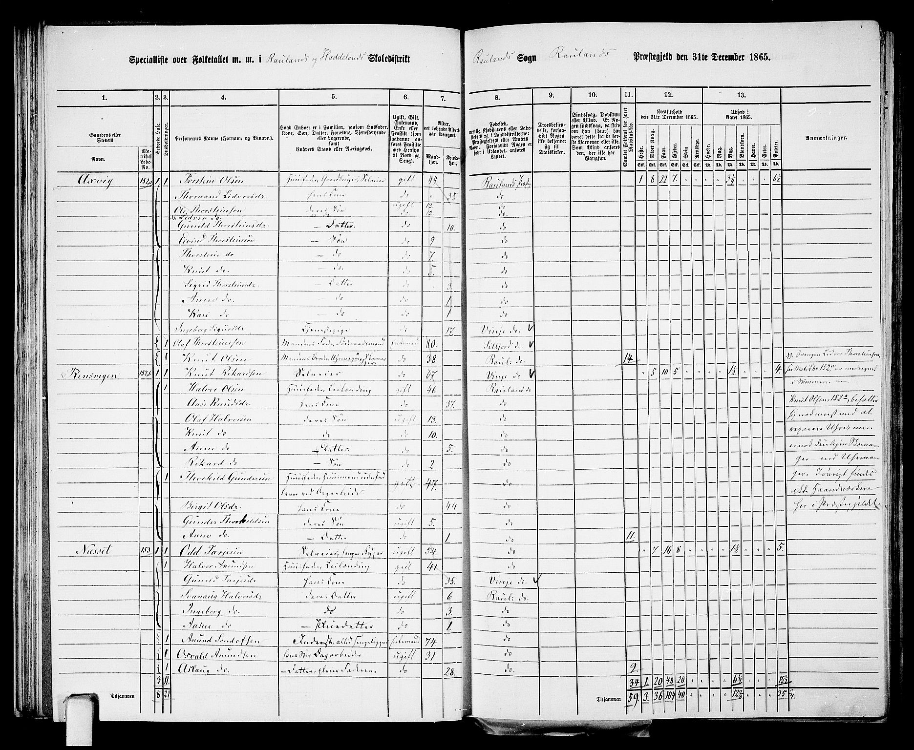 RA, 1865 census for Rauland, 1865, p. 32