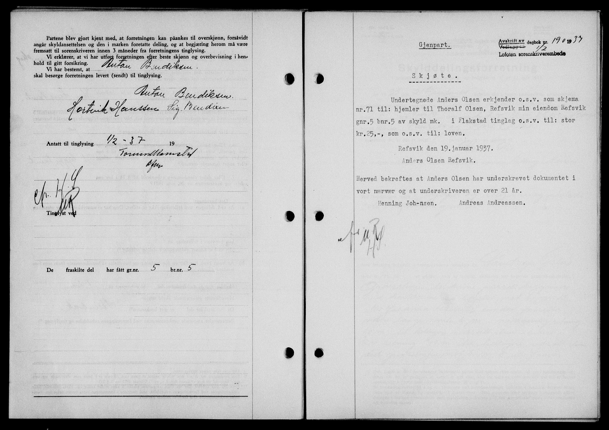 Lofoten sorenskriveri, SAT/A-0017/1/2/2C/L0001a: Mortgage book no. 1a, 1936-1937, Diary no: : 190/1937