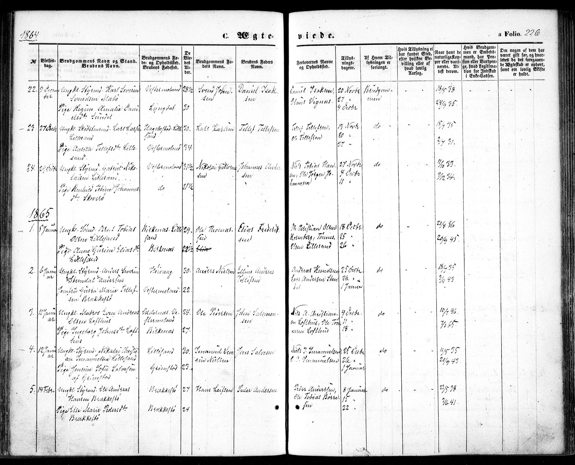 Vestre Moland sokneprestkontor, SAK/1111-0046/F/Fa/Fab/L0007: Parish register (official) no. A 7, 1859-1872, p. 226