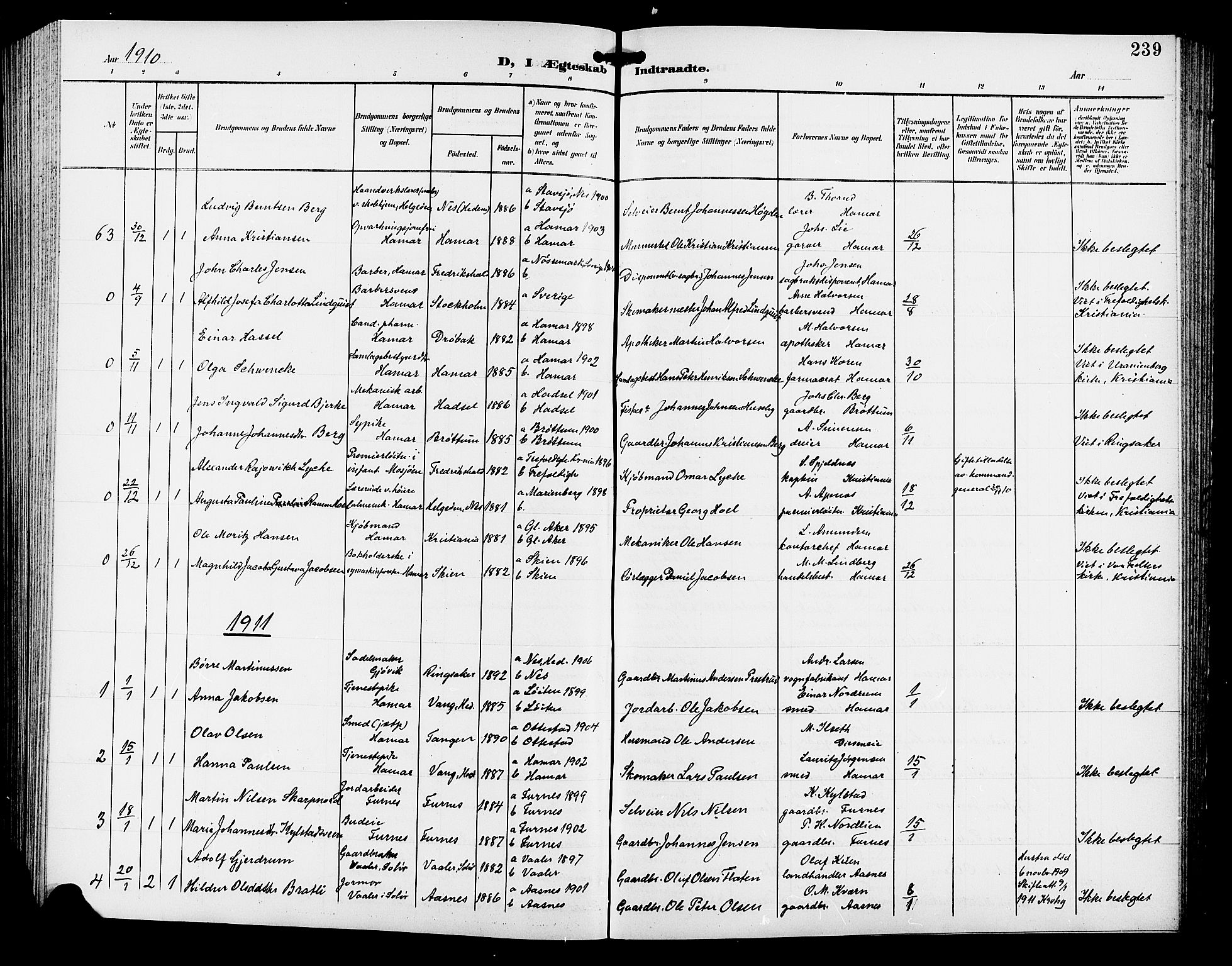 Hamar prestekontor, SAH/DOMPH-002/H/Ha/Hab/L0001: Parish register (copy) no. 1, 1899-1914, p. 239