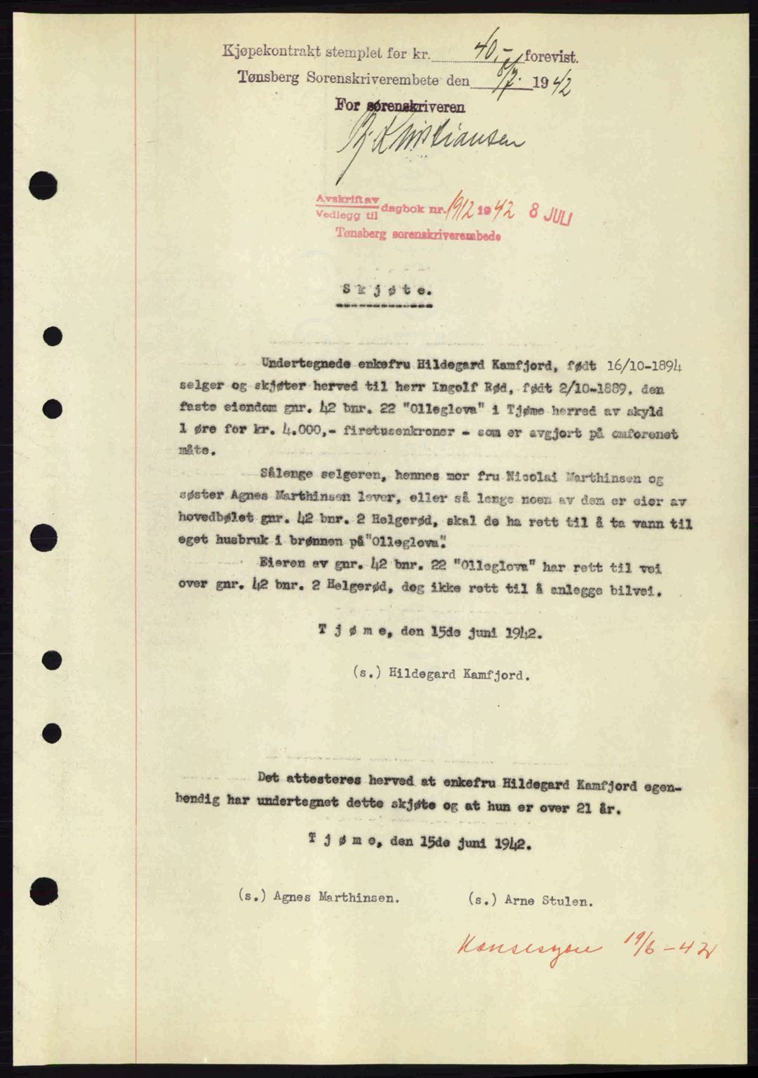 Tønsberg sorenskriveri, AV/SAKO-A-130/G/Ga/Gaa/L0011: Mortgage book no. A11, 1941-1942, Diary no: : 1912/1942