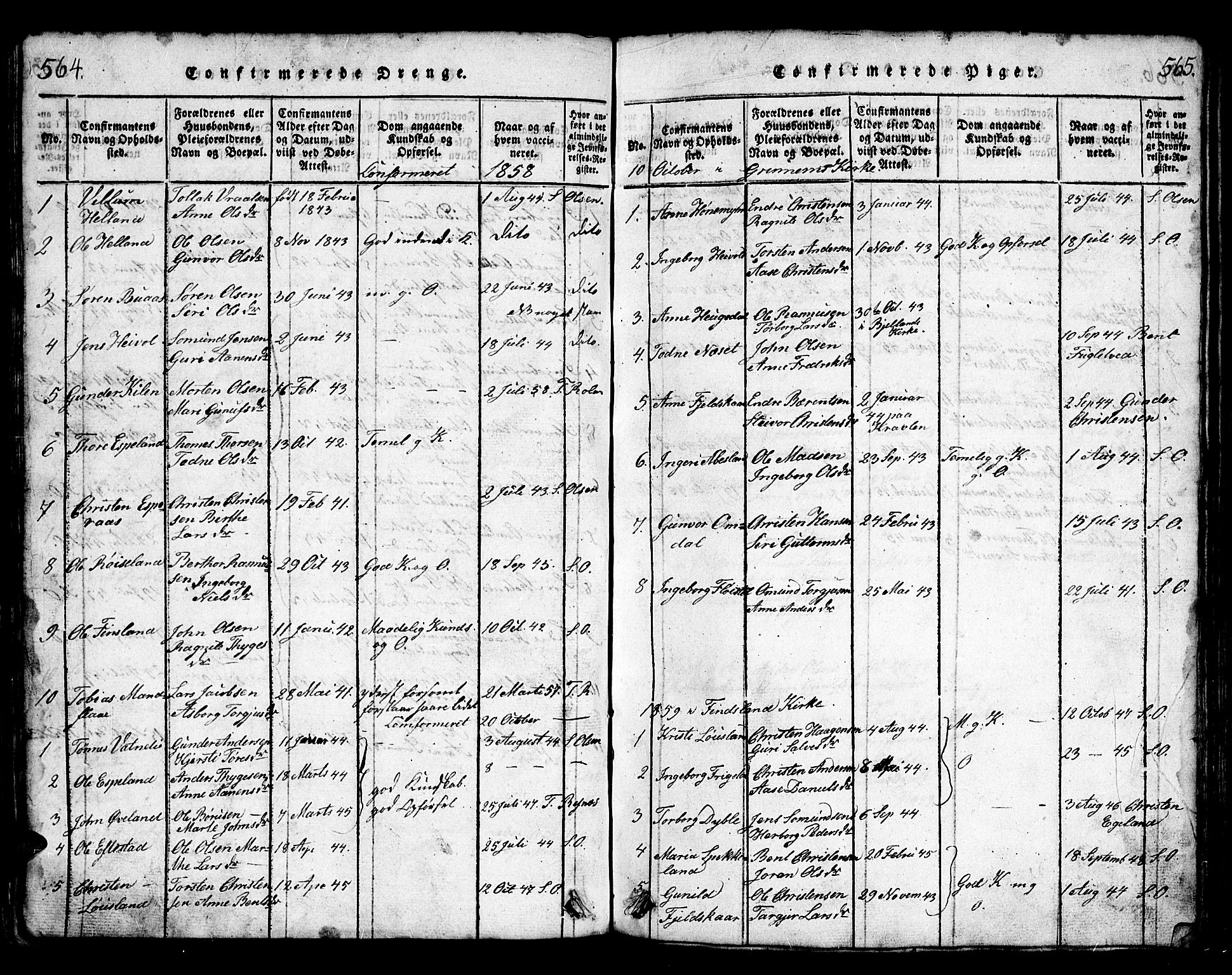Bjelland sokneprestkontor, SAK/1111-0005/F/Fb/Fbb/L0003: Parish register (copy) no. B 3, 1816-1868, p. 564-565