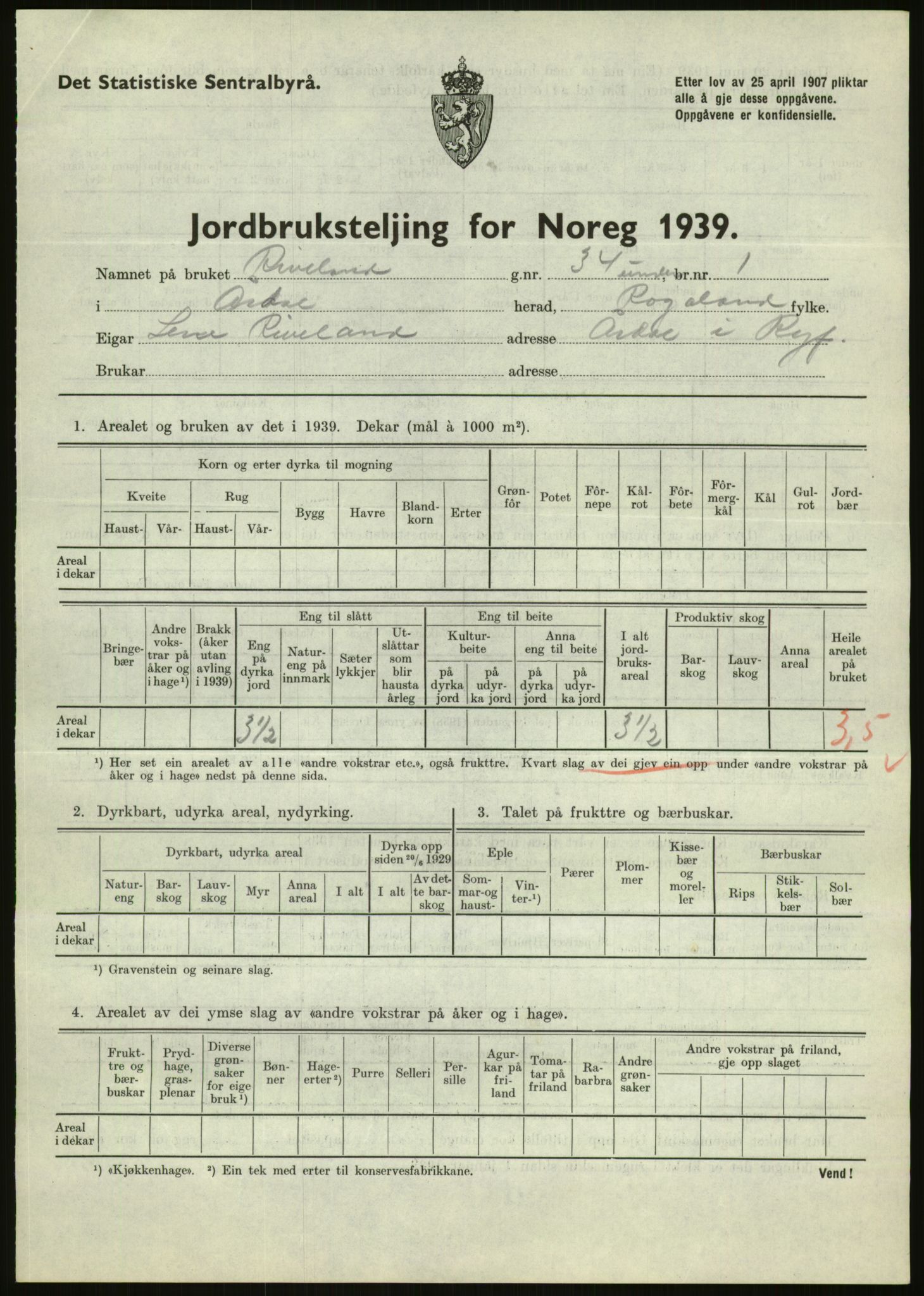 Statistisk sentralbyrå, Næringsøkonomiske emner, Jordbruk, skogbruk, jakt, fiske og fangst, AV/RA-S-2234/G/Gb/L0184: Rogaland: Årdal, Fister og Hjelmeland, 1939, p. 409