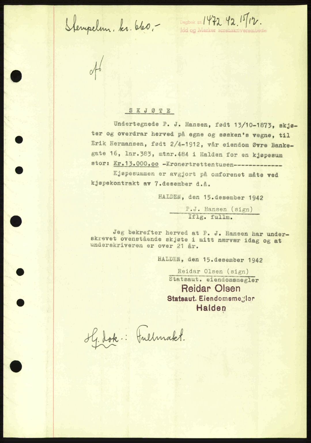 Idd og Marker sorenskriveri, AV/SAO-A-10283/G/Gb/Gbb/L0005: Mortgage book no. A5, 1941-1943, Diary no: : 1472/1942