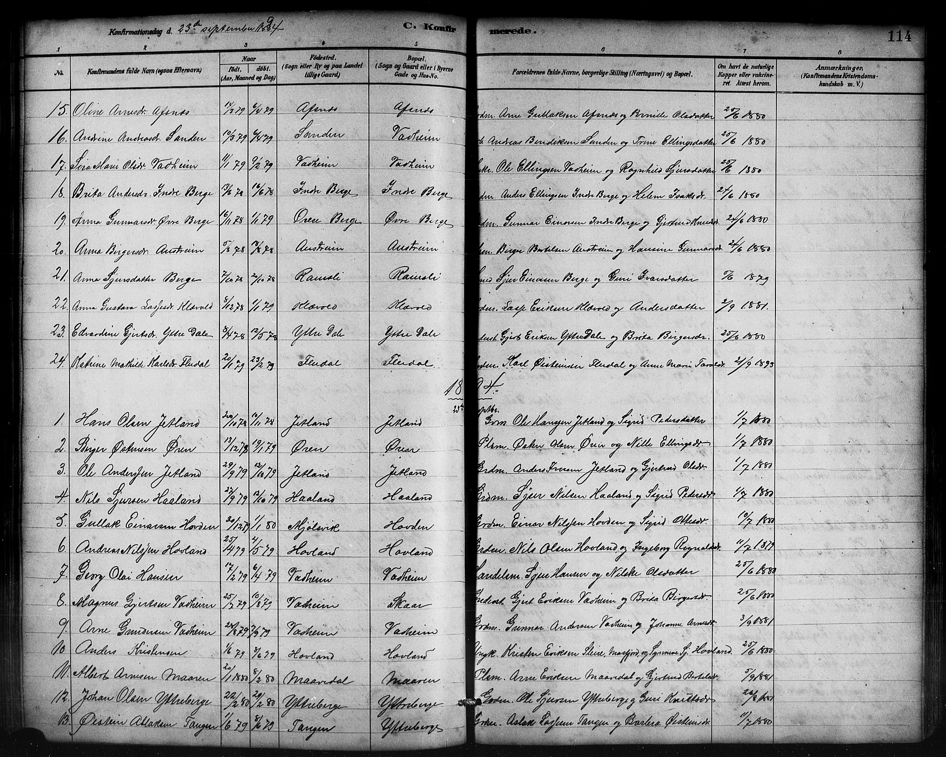 Lavik sokneprestembete, AV/SAB-A-80901: Parish register (copy) no. B 3, 1882-1913, p. 114