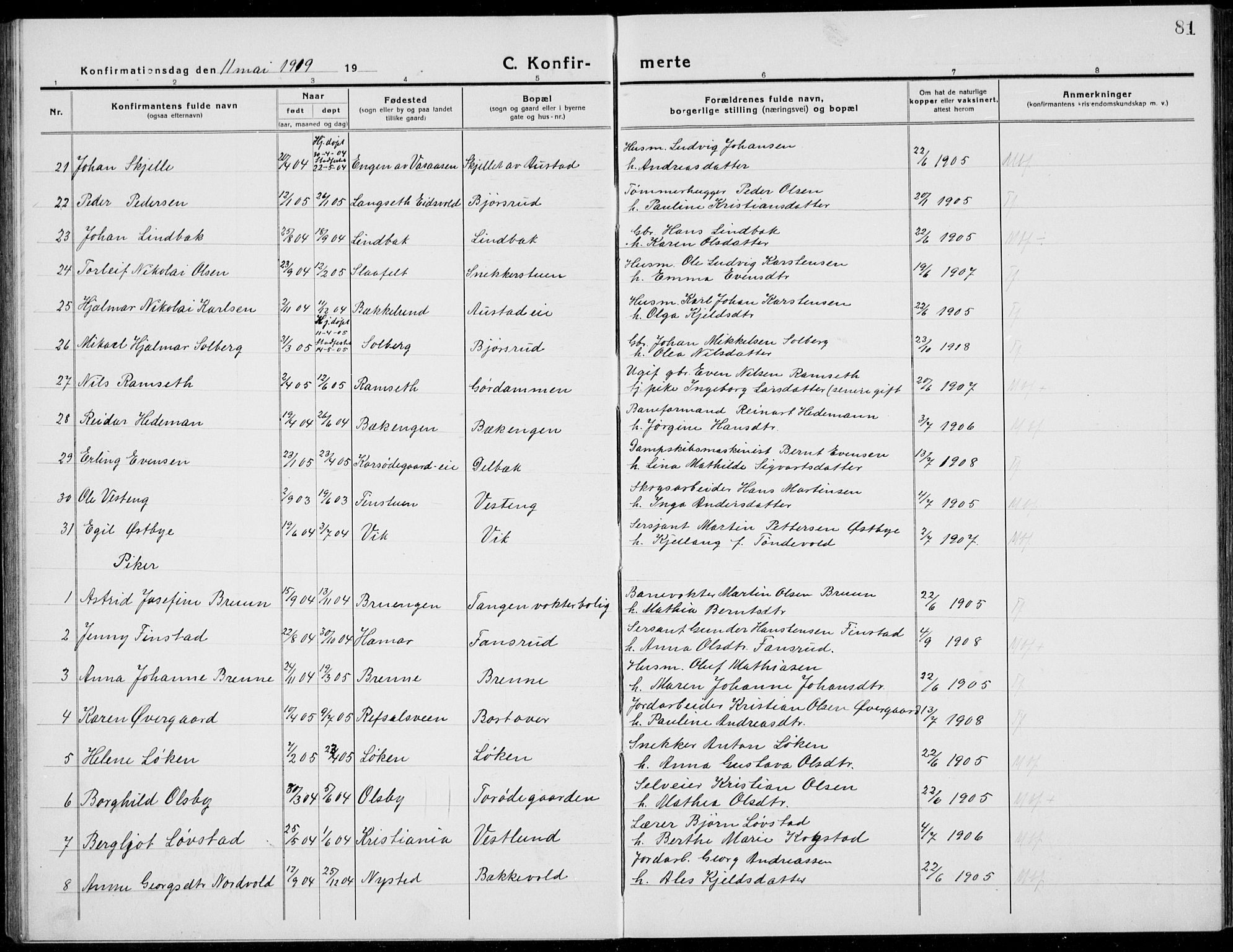 Stange prestekontor, AV/SAH-PREST-002/L/L0017: Parish register (copy) no. 17, 1918-1936, p. 81