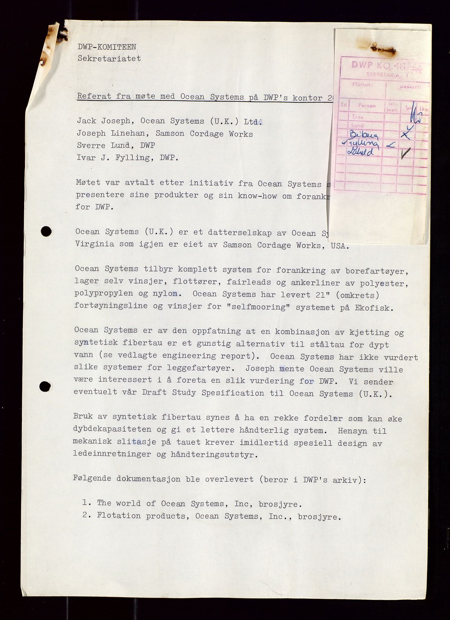 Industridepartementet, Oljekontoret, AV/SAST-A-101348/Di/L0001: DWP, møter juni - november, komiteemøter nr. 19 - 26, 1973-1974, p. 195