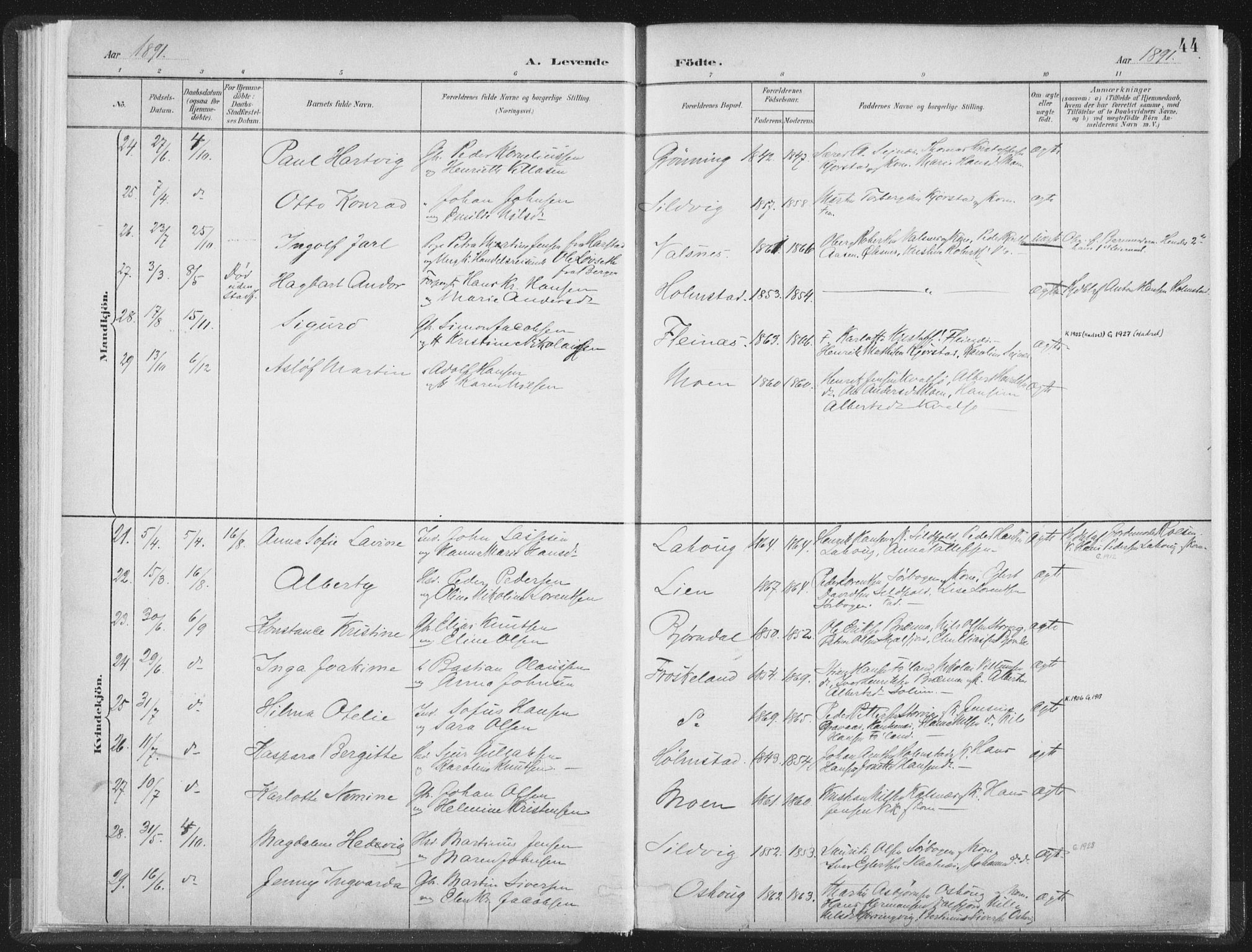 Ministerialprotokoller, klokkerbøker og fødselsregistre - Nordland, AV/SAT-A-1459/890/L1286: Parish register (official) no. 890A01, 1882-1902, p. 44