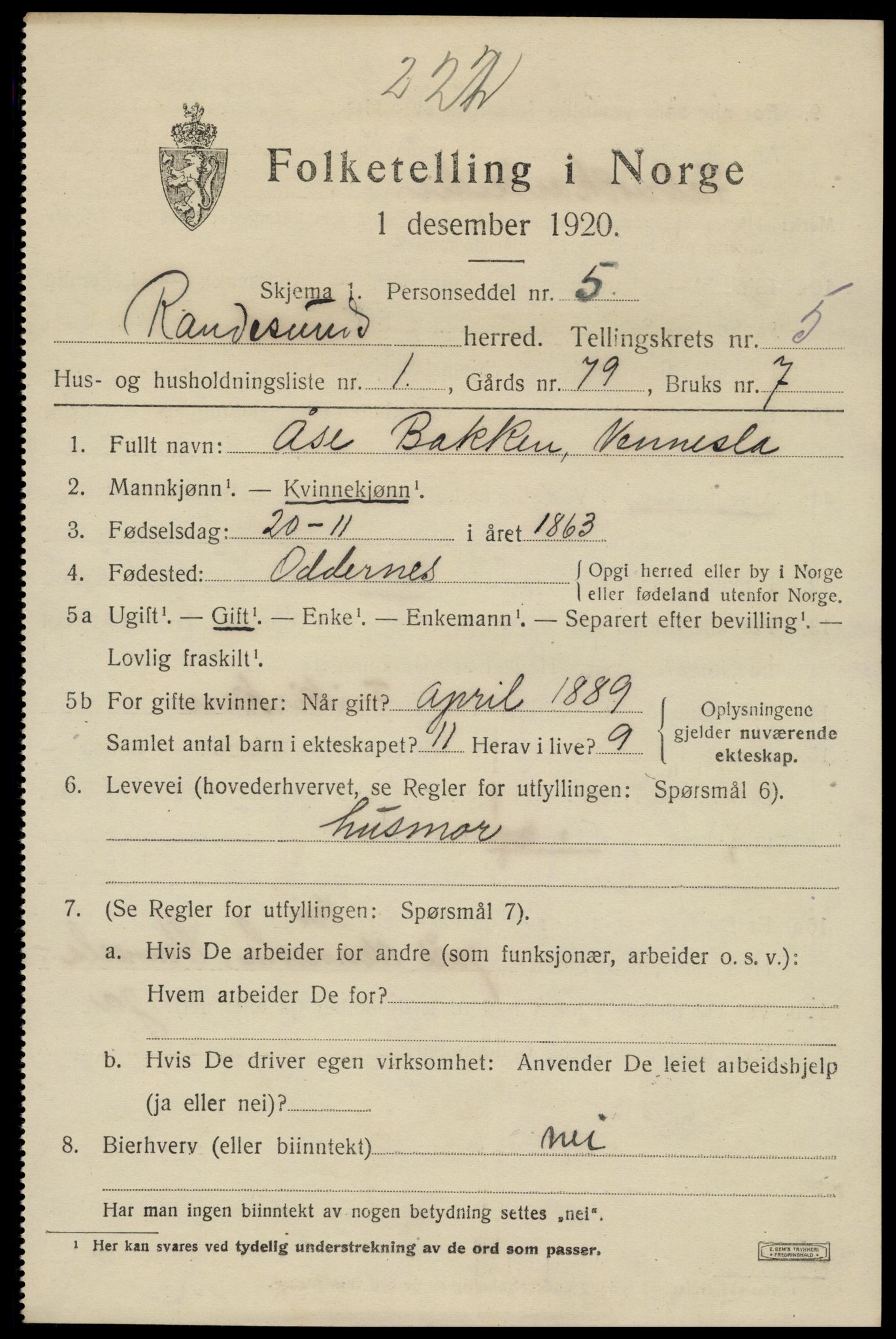 SAK, 1920 census for Randesund, 1920, p. 2320