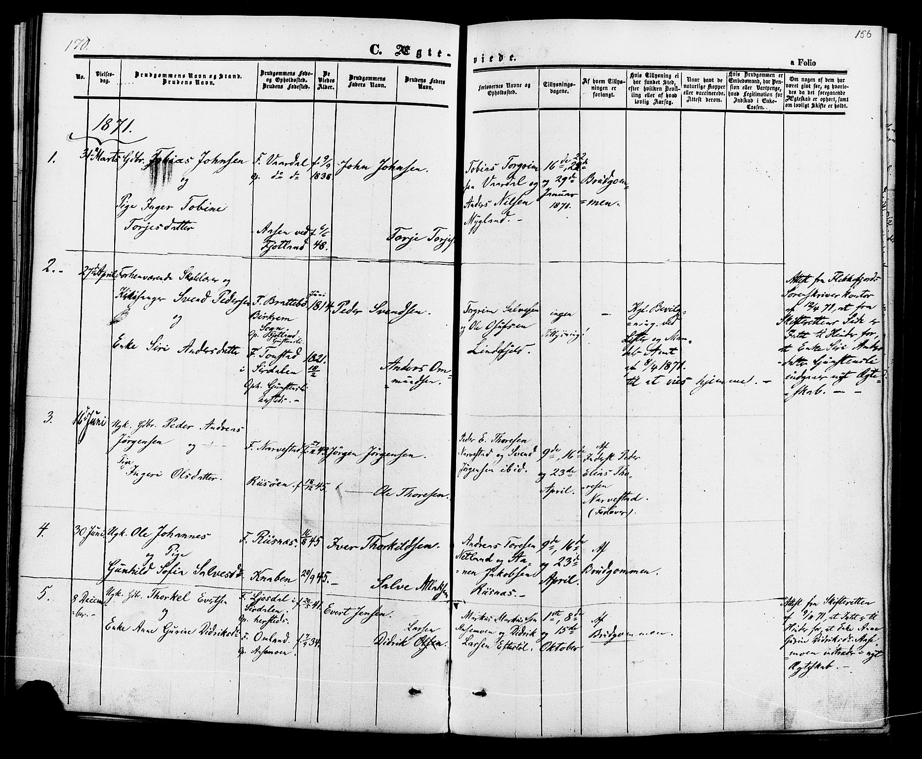 Fjotland sokneprestkontor, SAK/1111-0010/F/Fa/L0001: Parish register (official) no. A 1, 1850-1879, p. 156