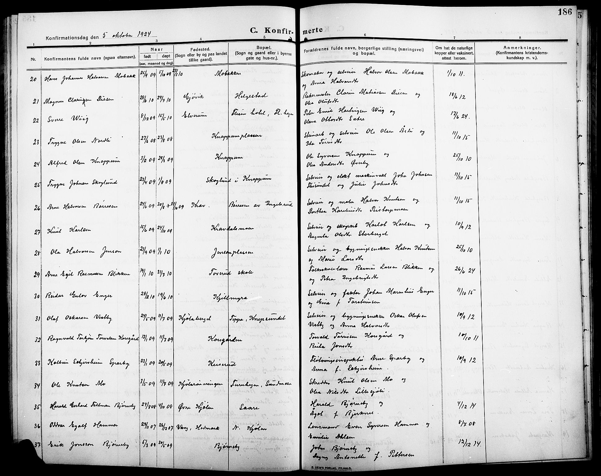 Åsnes prestekontor, AV/SAH-PREST-042/H/Ha/Hab/L0007: Parish register (copy) no. 7, 1909-1926, p. 186