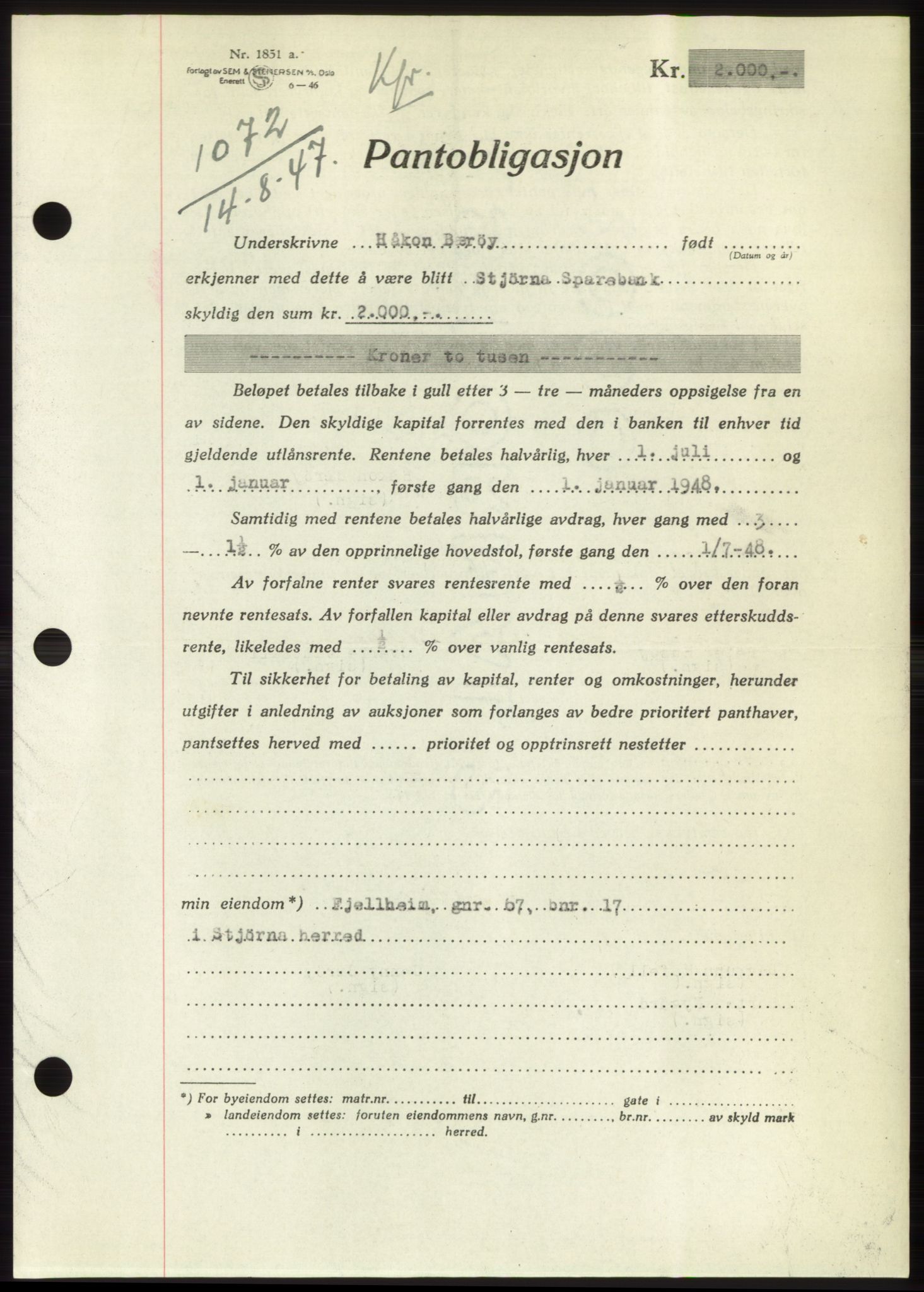 Fosen sorenskriveri, AV/SAT-A-1107/1/2/2C: Mortgage book no. B, 1946-1948, Diary no: : 1072/1947