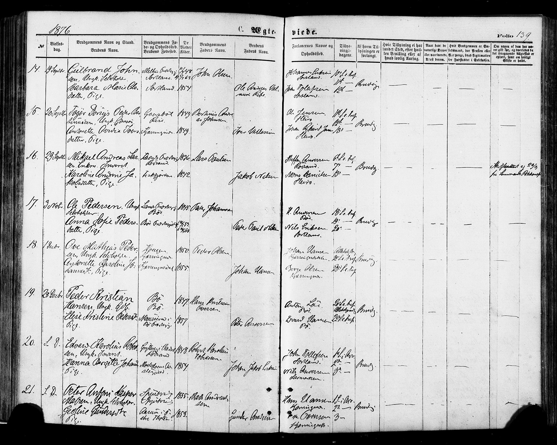 Ministerialprotokoller, klokkerbøker og fødselsregistre - Nordland, AV/SAT-A-1459/895/L1370: Parish register (official) no. 895A05, 1873-1884, p. 139
