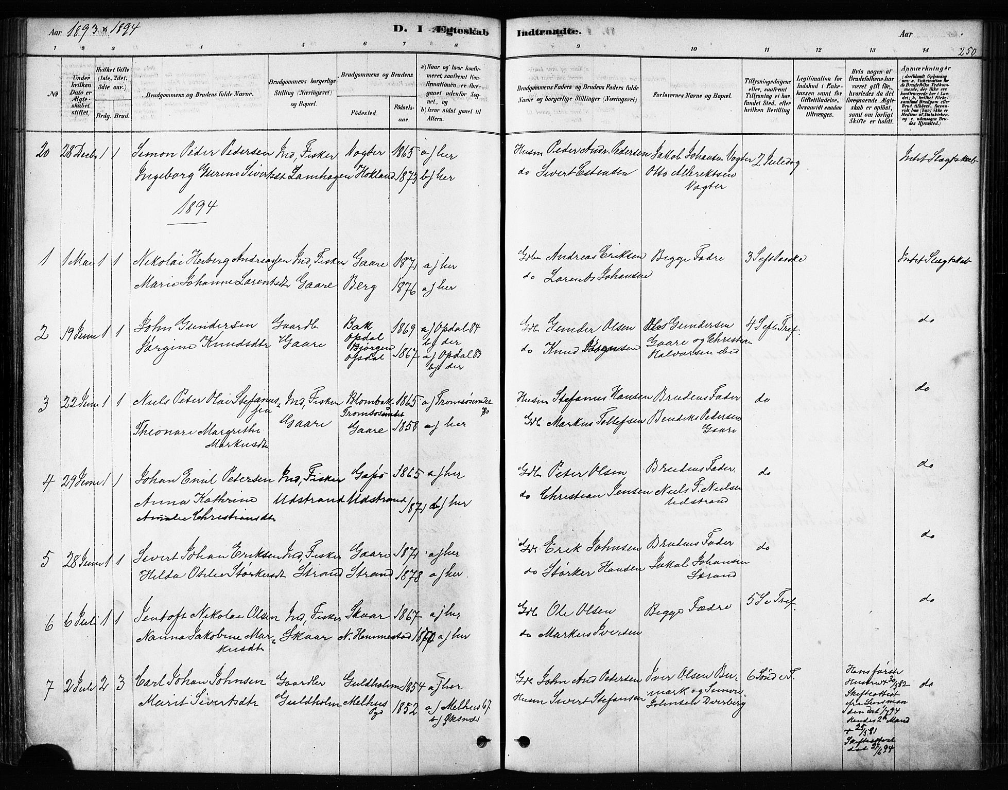 Kvæfjord sokneprestkontor, SATØ/S-1323/G/Ga/Gaa/L0005kirke: Parish register (official) no. 5, 1878-1894, p. 250