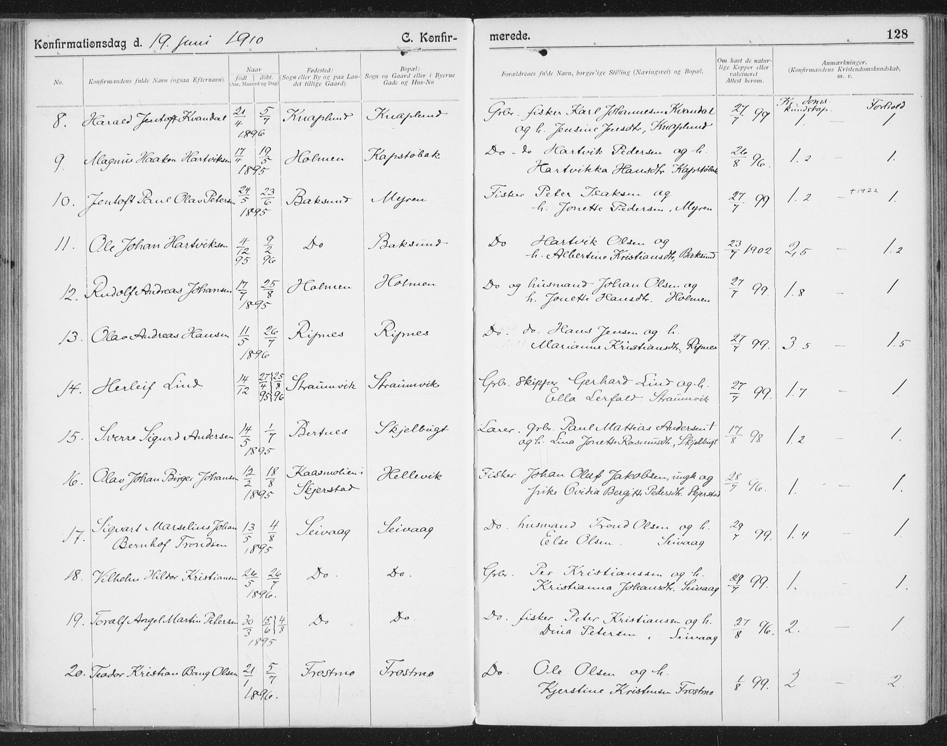 Ministerialprotokoller, klokkerbøker og fødselsregistre - Nordland, SAT/A-1459/804/L0081: Parish register (official) no. 804A02, 1901-1915, p. 128