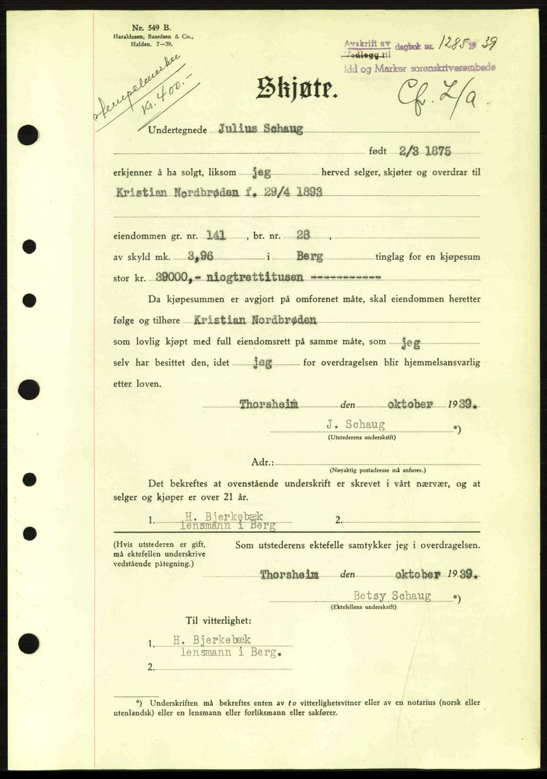 Idd og Marker sorenskriveri, AV/SAO-A-10283/G/Gb/Gbb/L0003: Mortgage book no. A3, 1938-1939, Diary no: : 1285/1939