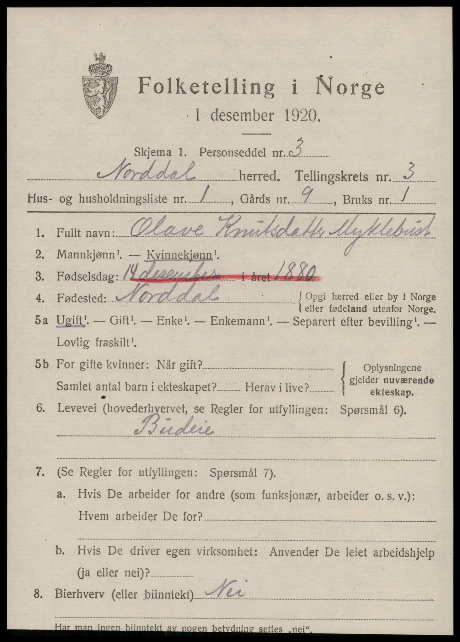 SAT, 1920 census for Norddal, 1920, p. 1975