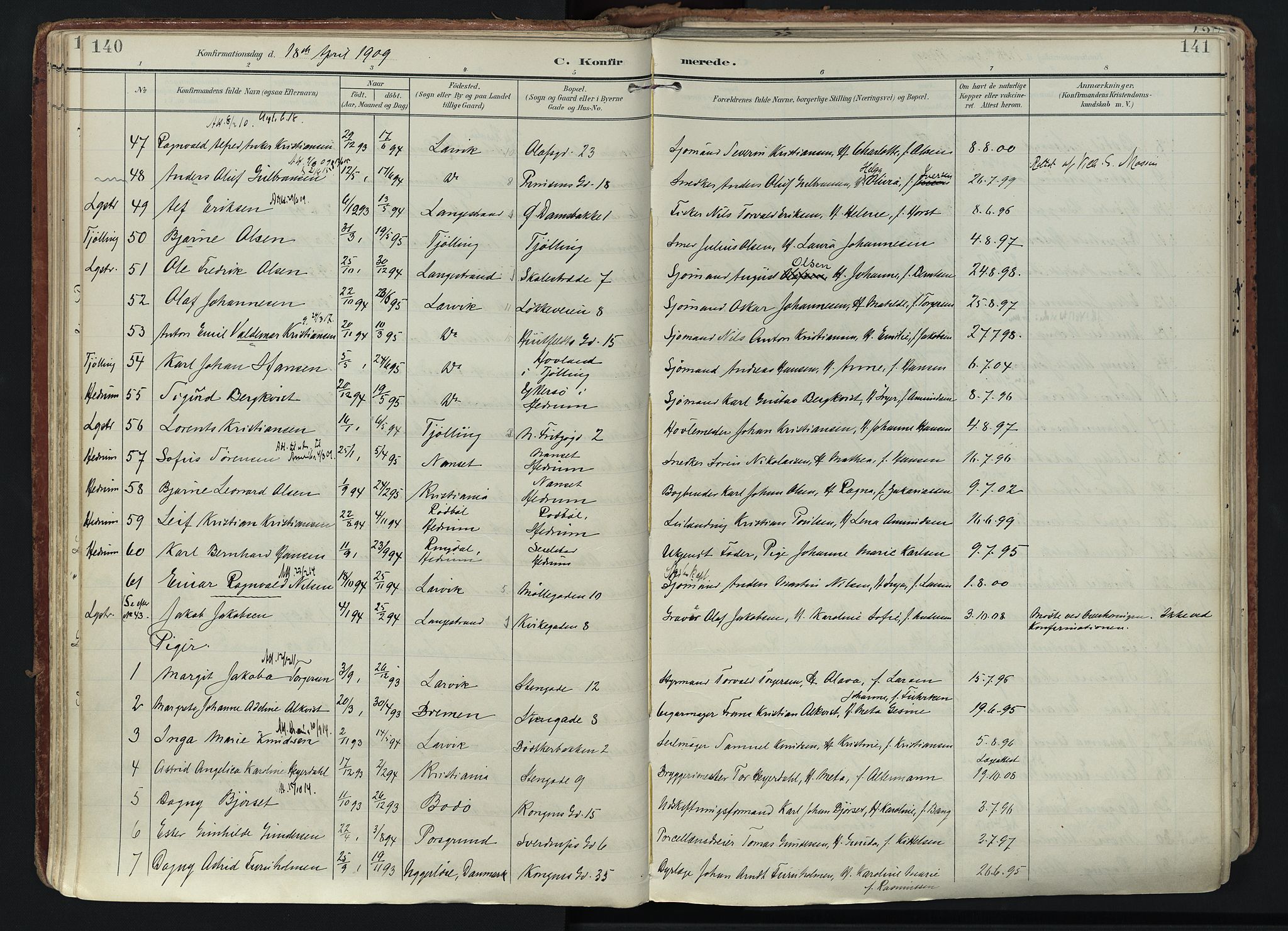 Larvik kirkebøker, SAKO/A-352/F/Fa/L0011: Parish register (official) no. I 11, 1902-1922, p. 140-141
