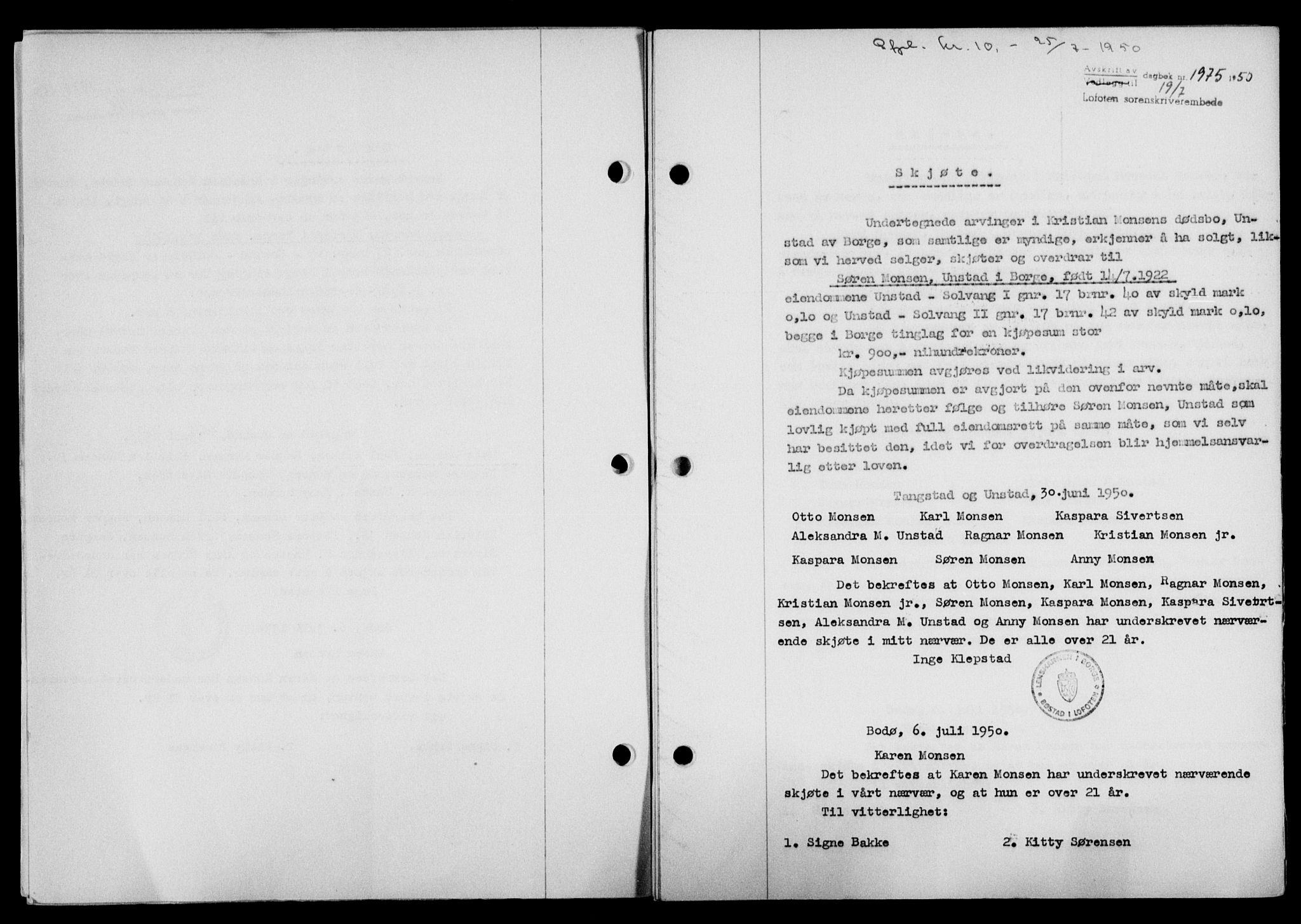 Lofoten sorenskriveri, SAT/A-0017/1/2/2C/L0024a: Mortgage book no. 24a, 1950-1950, Diary no: : 1975/1950