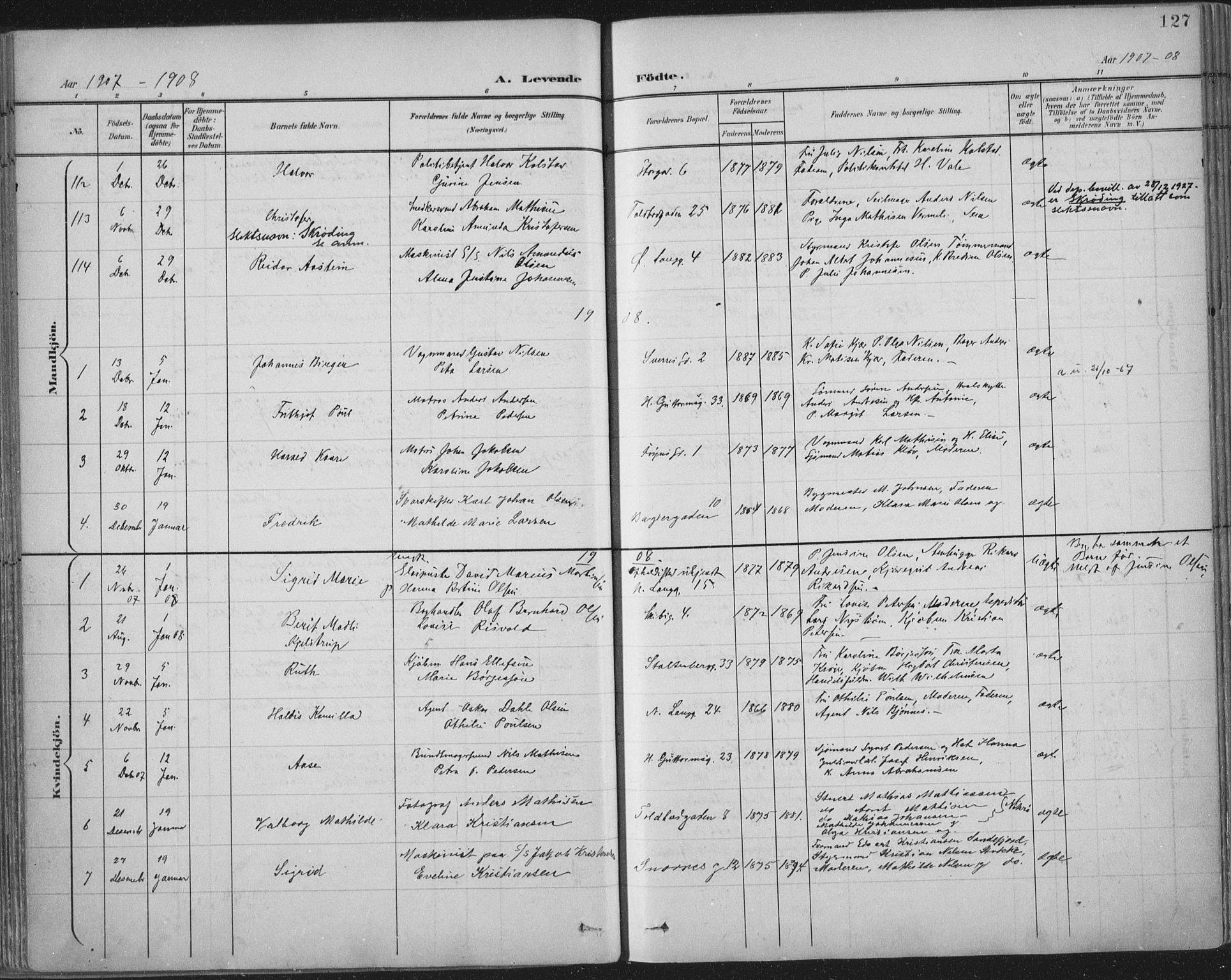 Tønsberg kirkebøker, AV/SAKO-A-330/F/Fa/L0014: Parish register (official) no. I 14, 1900-1913, p. 127