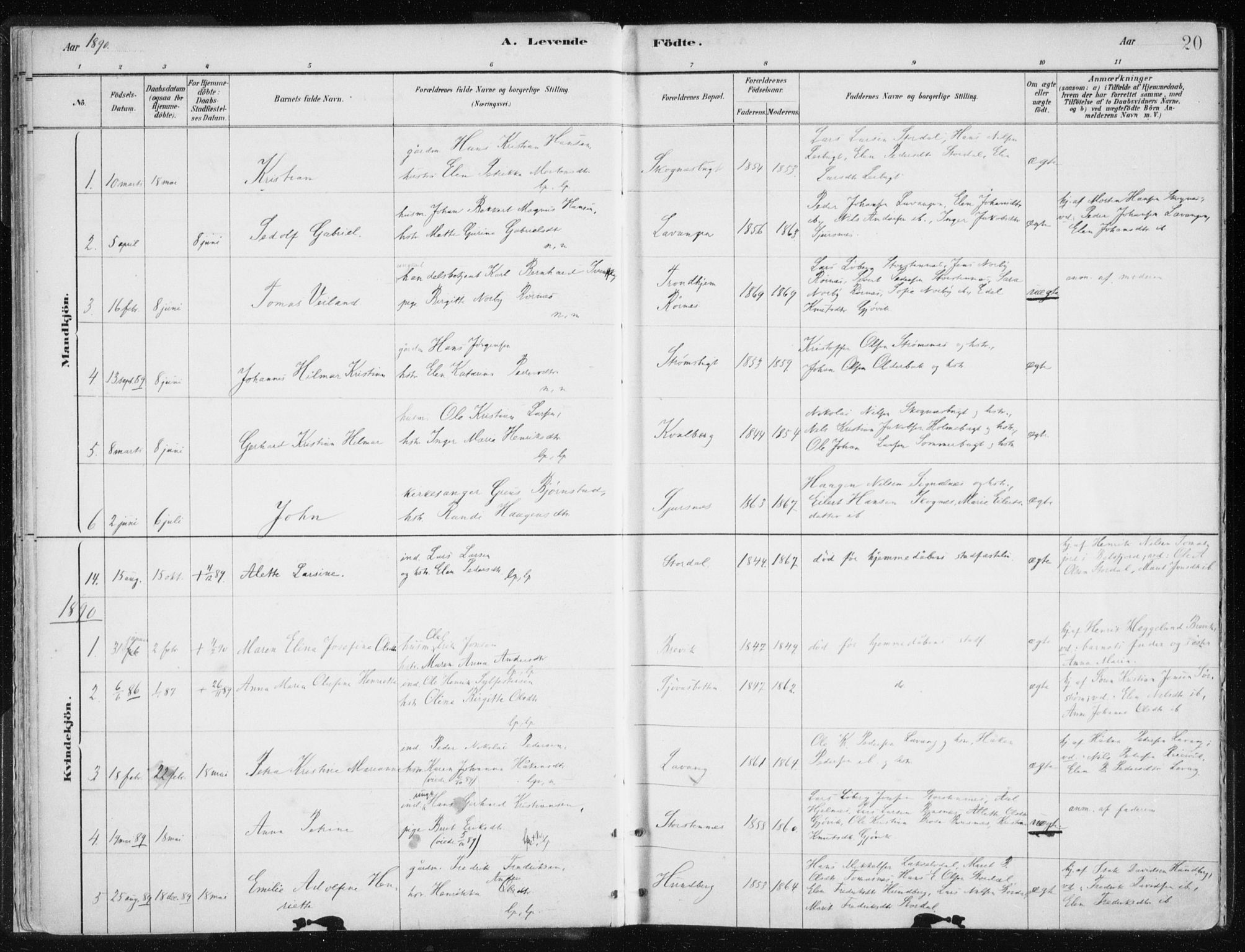 Lyngen sokneprestembete, AV/SATØ-S-1289/H/He/Hea/L0010kirke: Parish register (official) no. 10, 1883-1904, p. 20