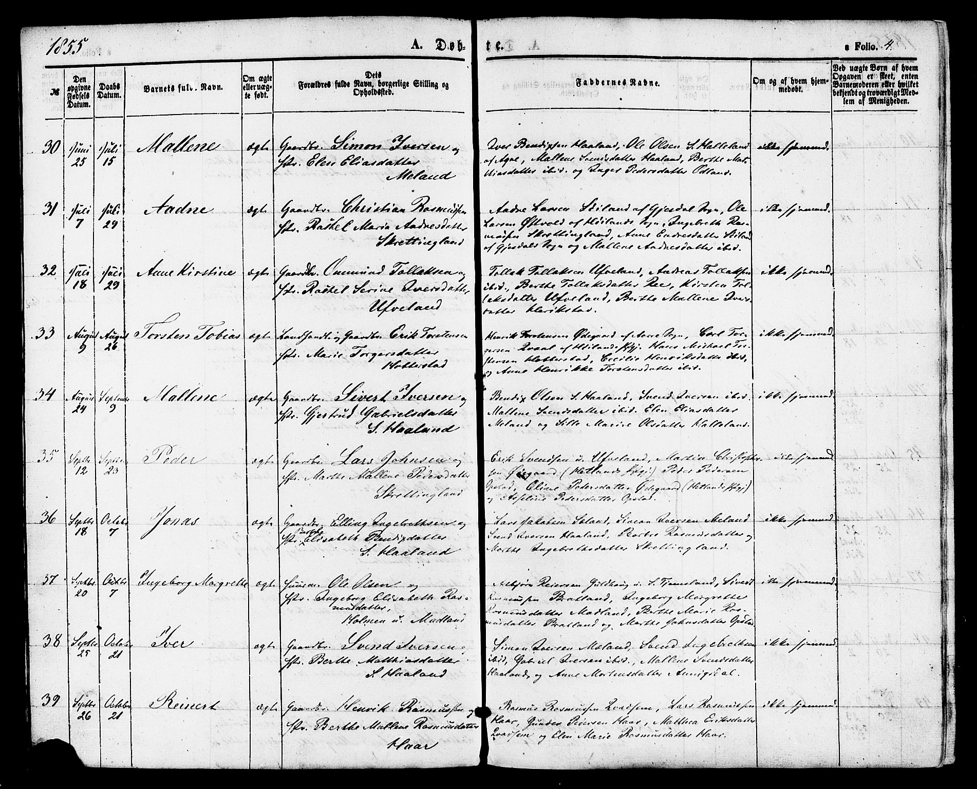 Hå sokneprestkontor, AV/SAST-A-101801/001/30BA/L0009: Parish register (official) no. A 8, 1855-1878, p. 4