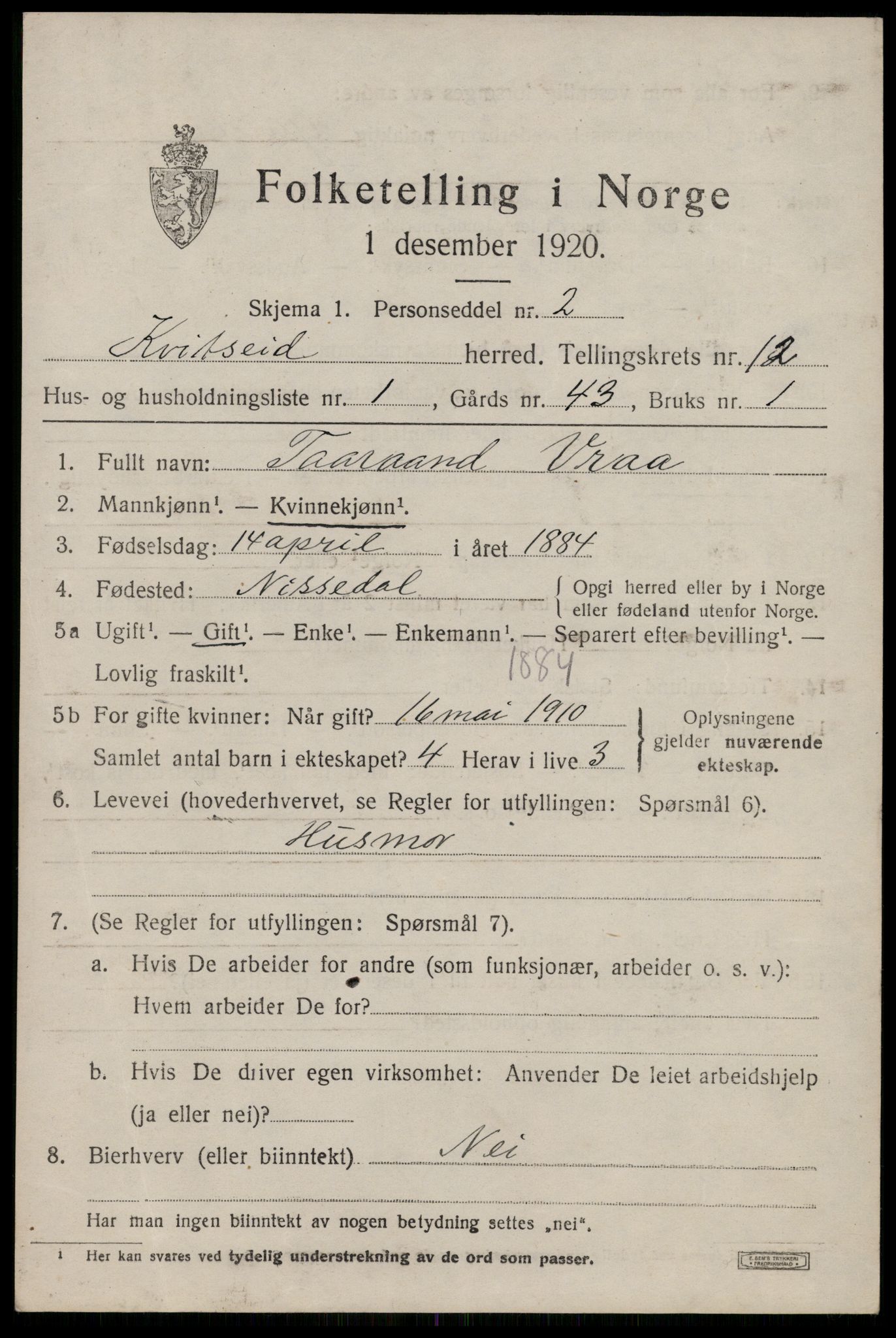 SAKO, 1920 census for Kviteseid, 1920, p. 5919