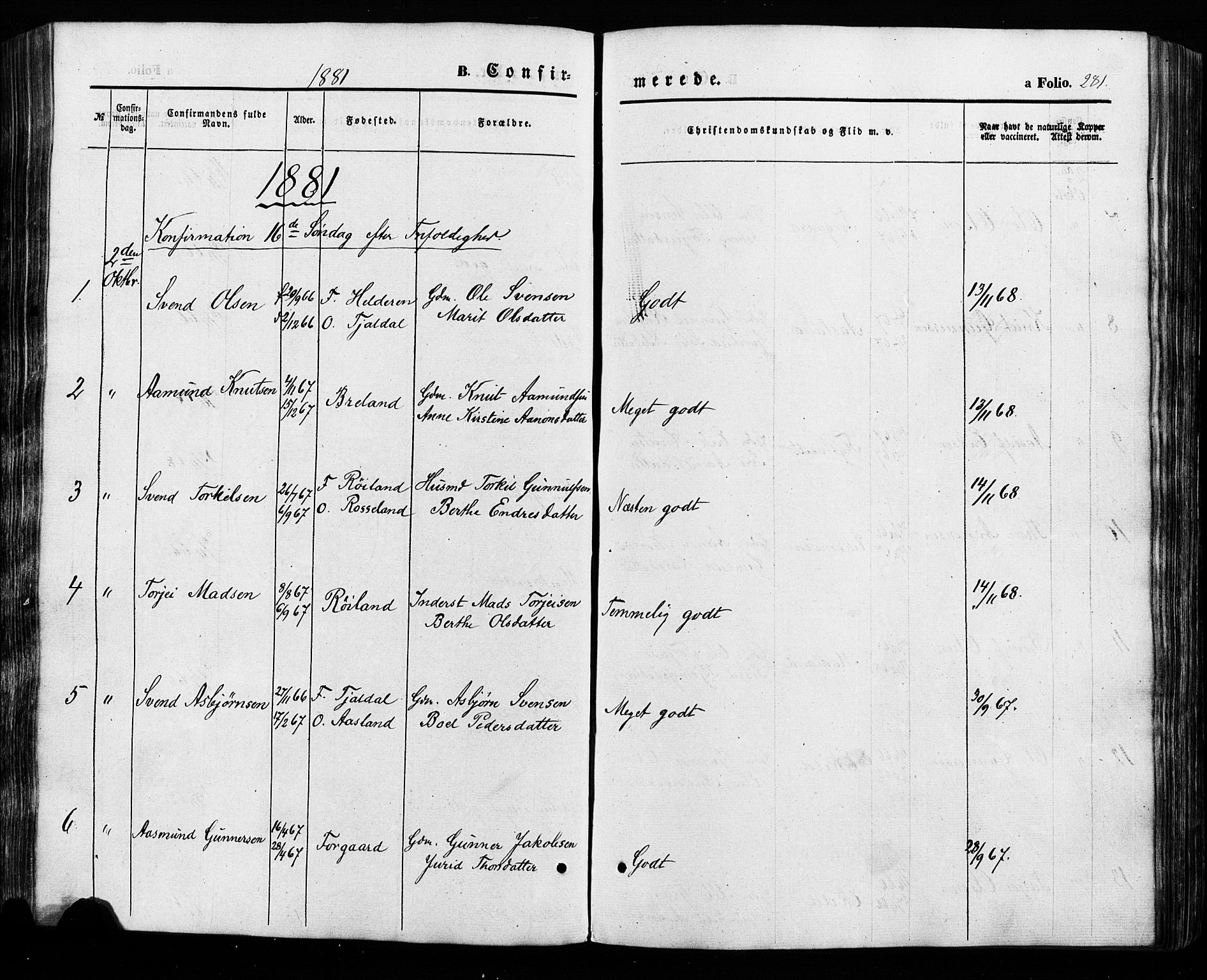 Åseral sokneprestkontor, AV/SAK-1111-0051/F/Fa/L0002: Parish register (official) no. A 2, 1854-1884, p. 281