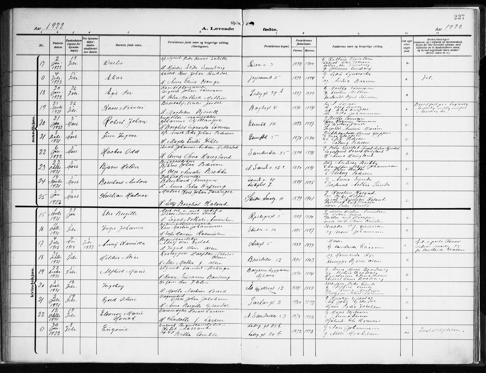 Sandviken Sokneprestembete, AV/SAB-A-77601/H/Ha/L0007: Parish register (official) no. B 4, 1912-1924, p. 227