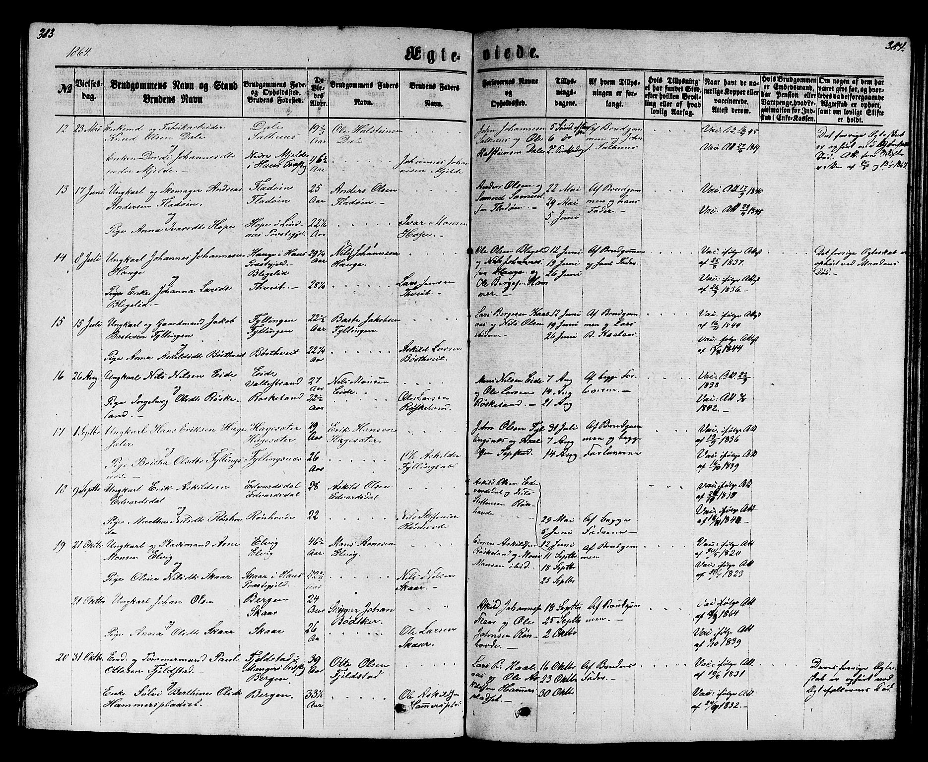 Hamre sokneprestembete, SAB/A-75501/H/Ha/Hab: Parish register (copy) no. B 2, 1863-1880, p. 383-384