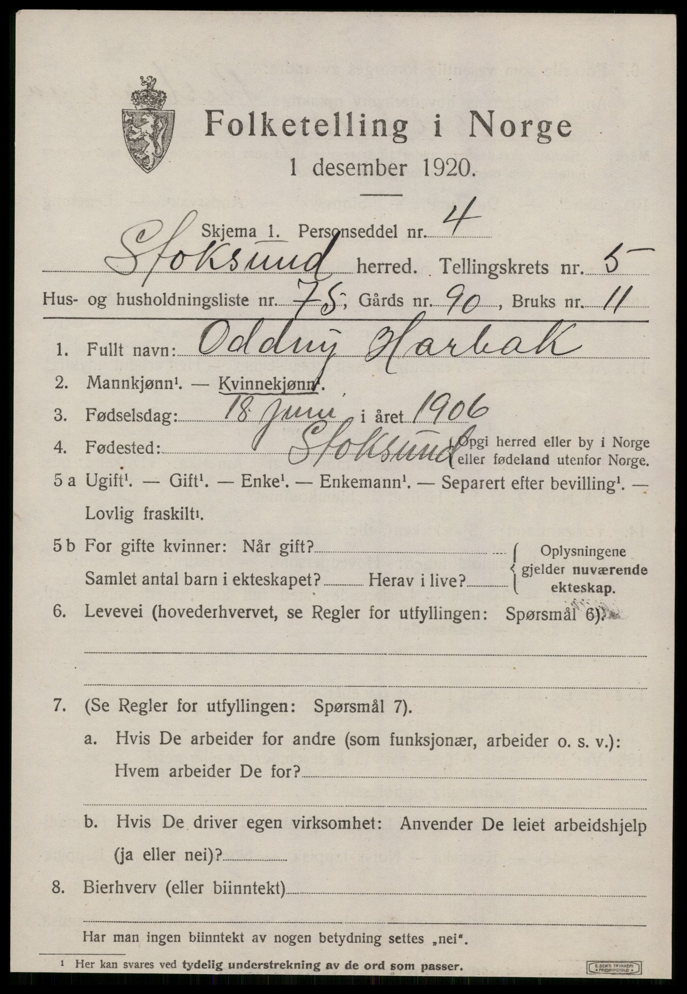 SAT, 1920 census for Stoksund, 1920, p. 3418