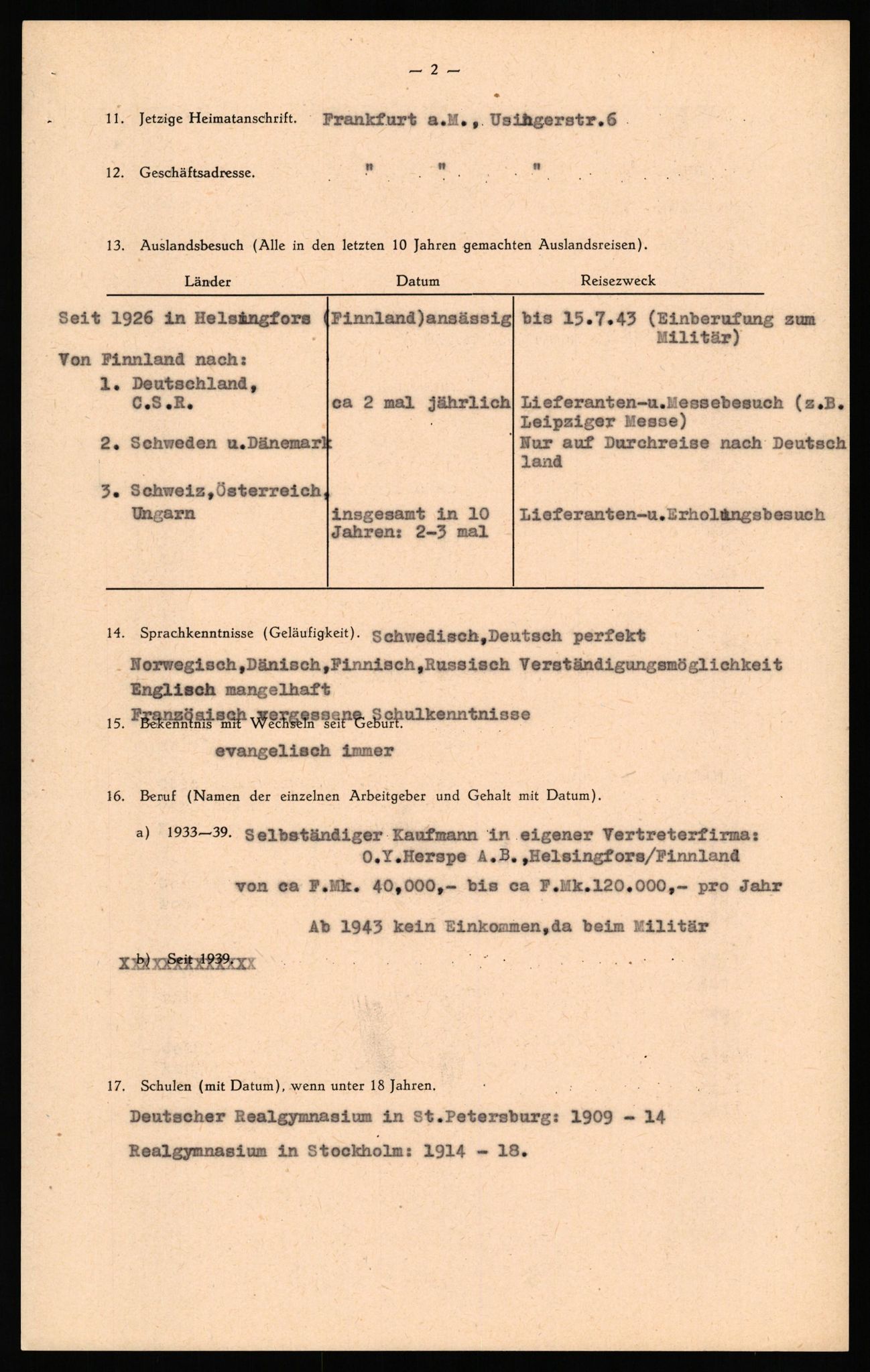 Forsvaret, Forsvarets overkommando II, RA/RAFA-3915/D/Db/L0032: CI Questionaires. Tyske okkupasjonsstyrker i Norge. Tyskere., 1945-1946, p. 206