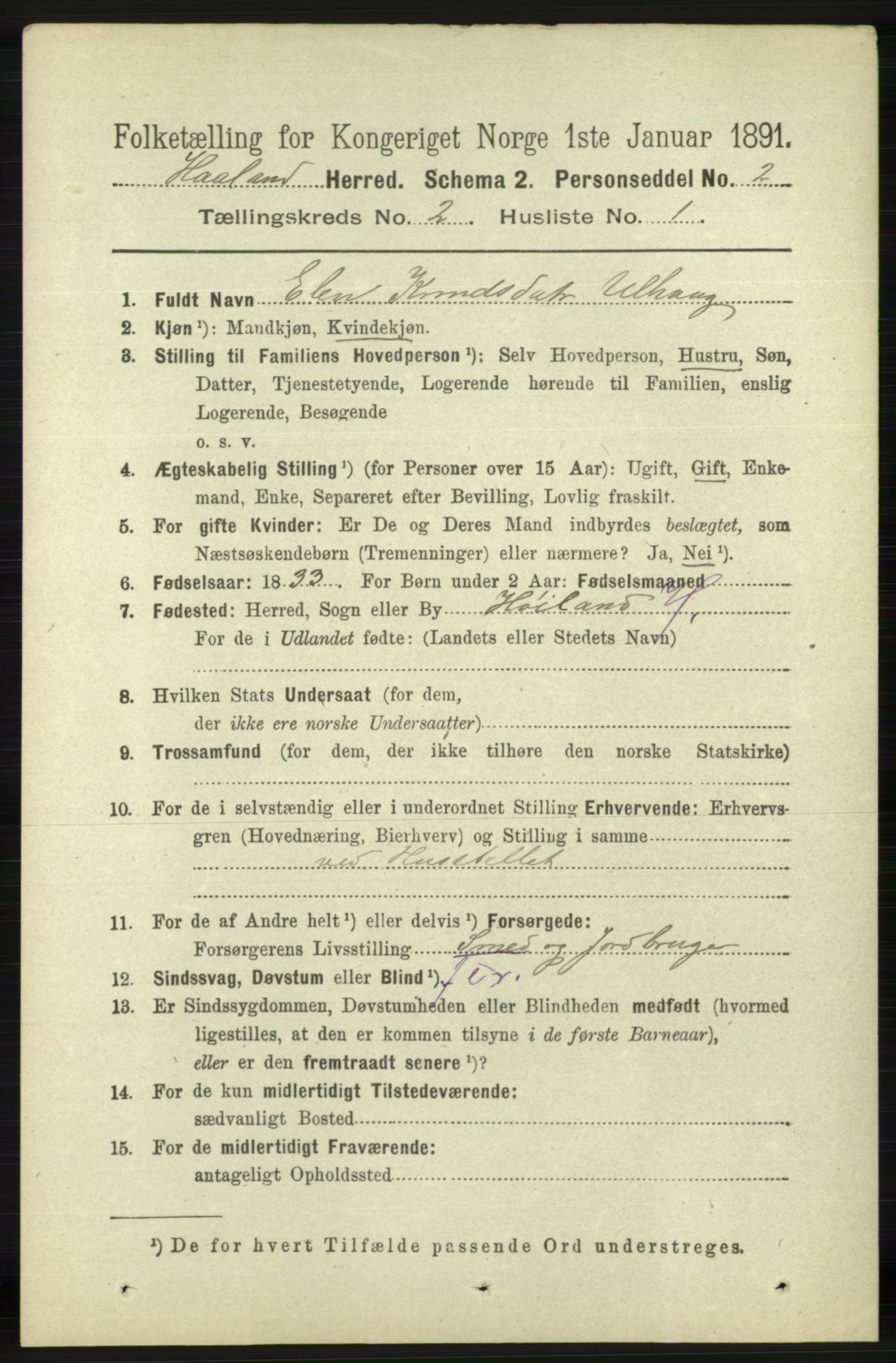 RA, 1891 census for 1124 Haaland, 1891, p. 982