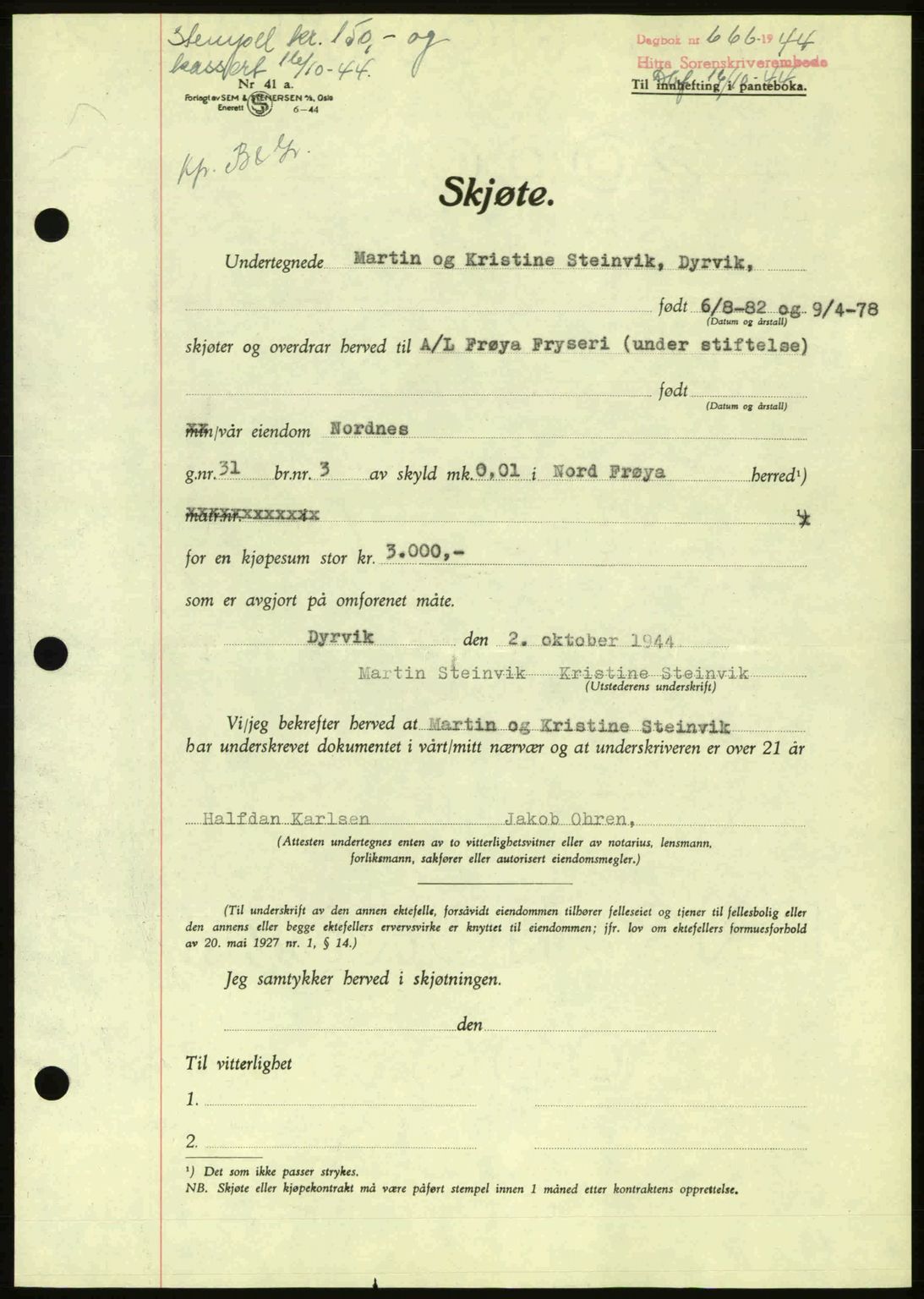 Hitra sorenskriveri, AV/SAT-A-0018/2/2C/2Ca: Mortgage book no. A2, 1943-1945, Diary no: : 666/1944