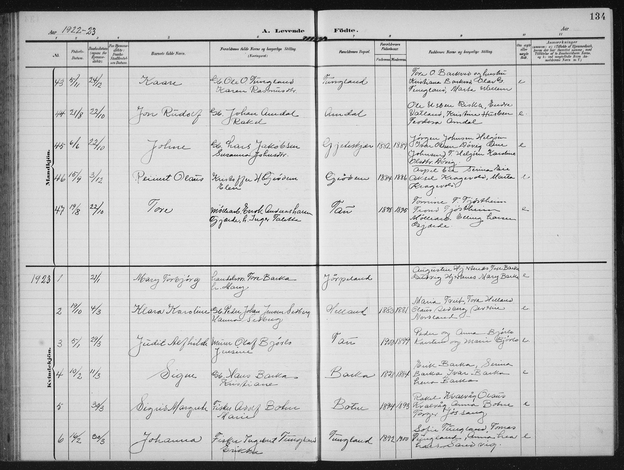 Strand sokneprestkontor, SAST/A-101828/H/Ha/Hab/L0005: Parish register (copy) no. B 5, 1904-1934, p. 134