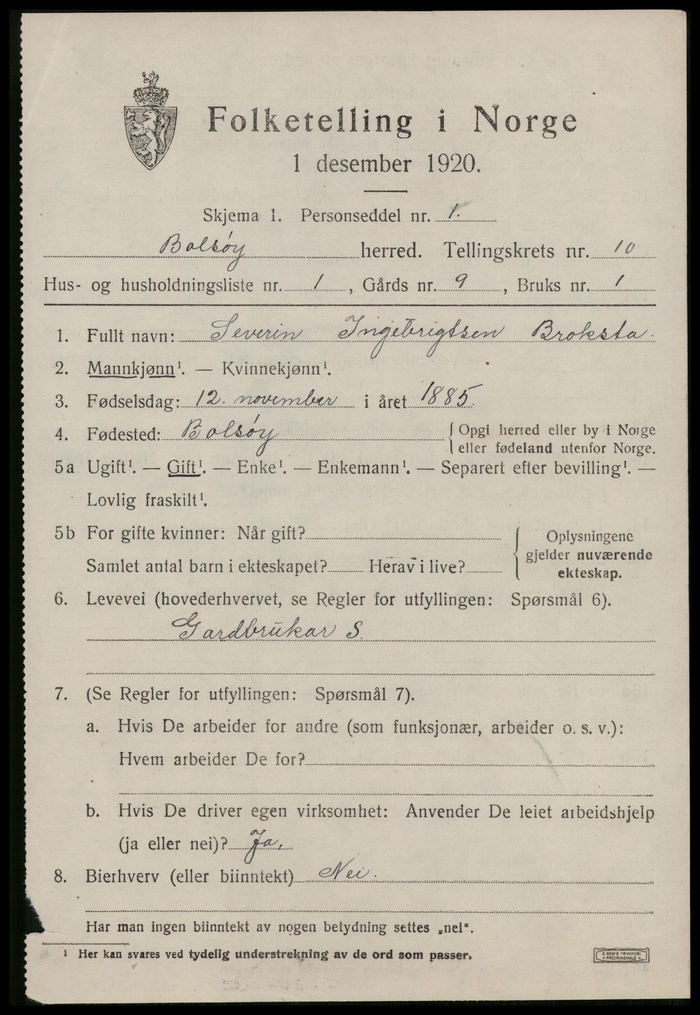 SAT, 1920 census for Bolsøy, 1920, p. 10601