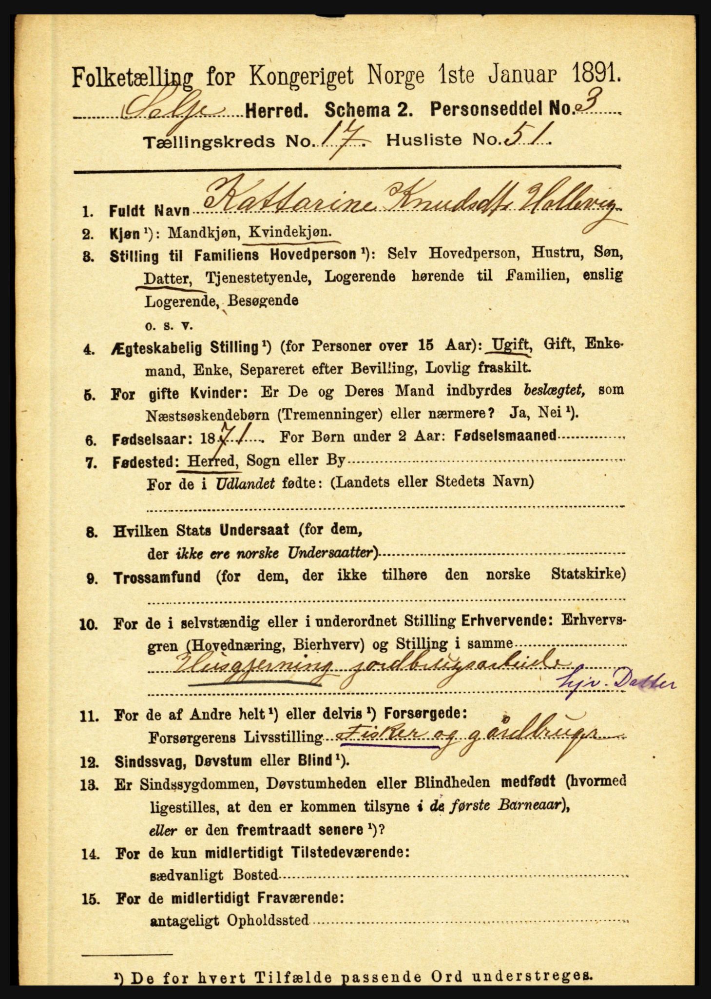 RA, 1891 census for 1441 Selje, 1891, p. 5888