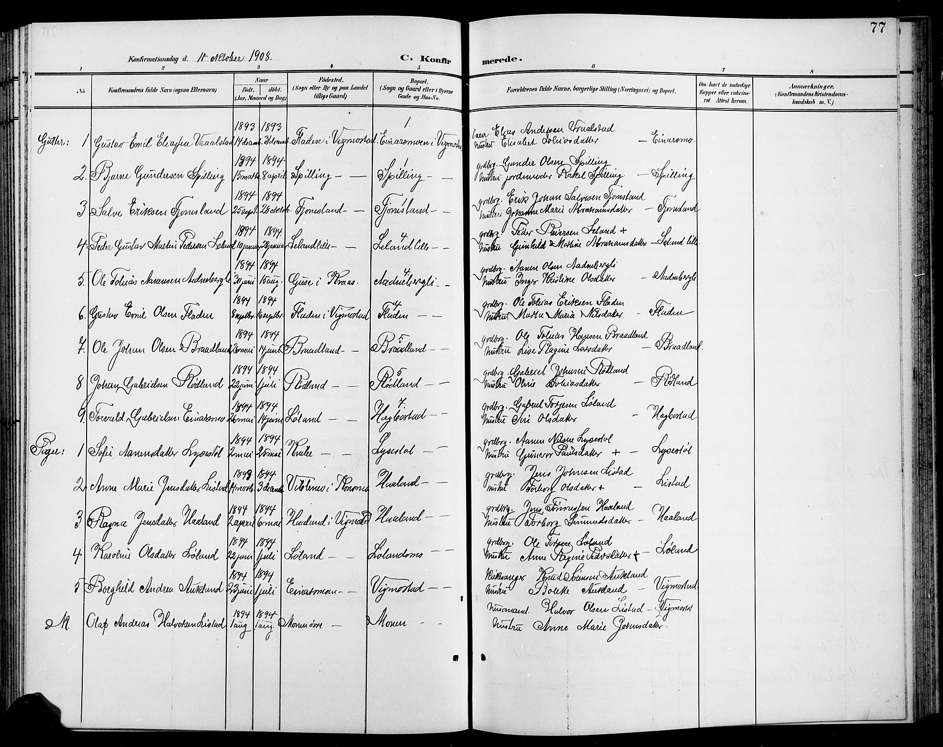 Nord-Audnedal sokneprestkontor, AV/SAK-1111-0032/F/Fb/Fbb/L0004: Parish register (copy) no. B 4, 1901-1917, p. 77