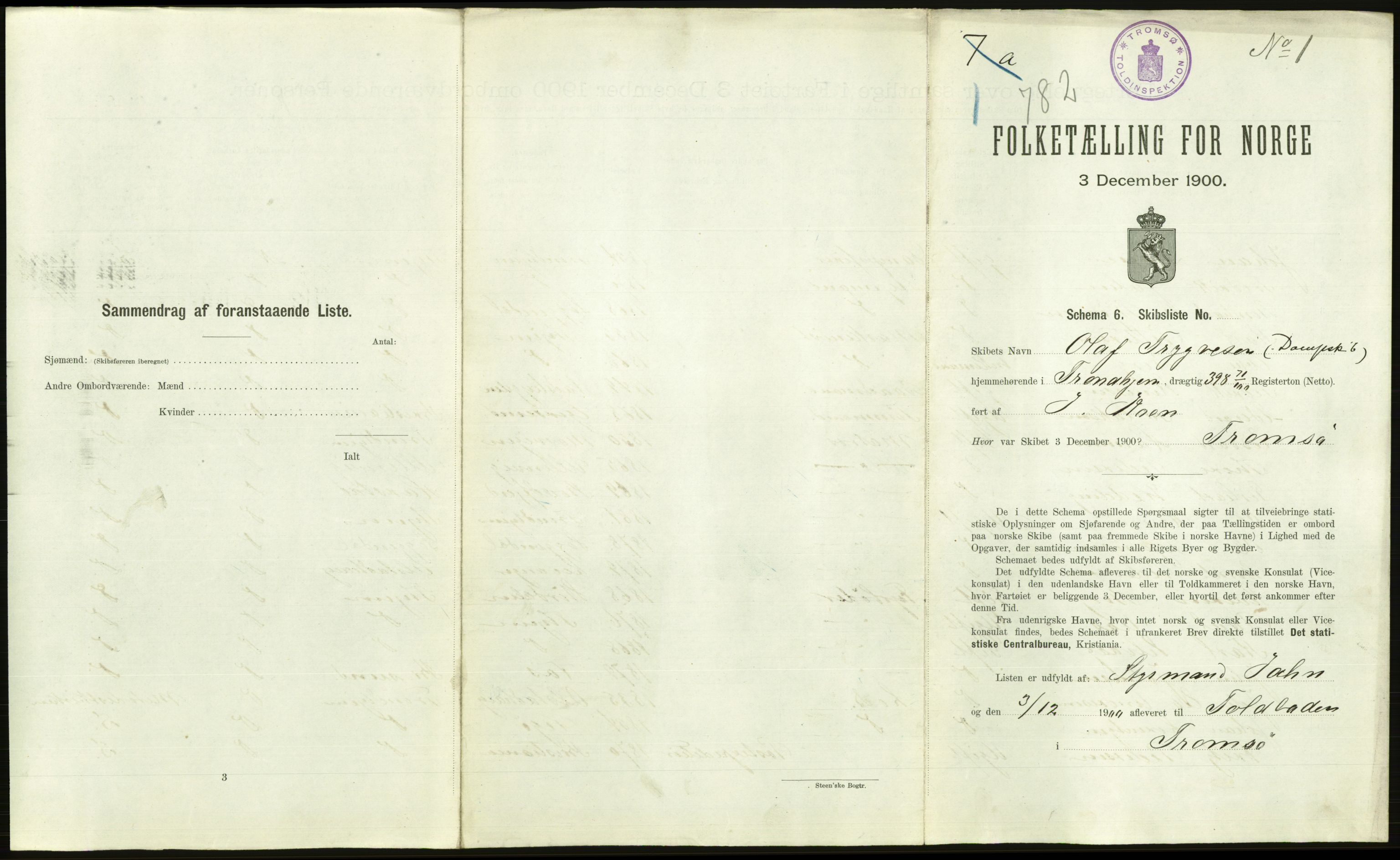 RA, 1900 Census - ship lists from ships in Norwegian harbours, harbours abroad and at sea, 1900, p. 2707