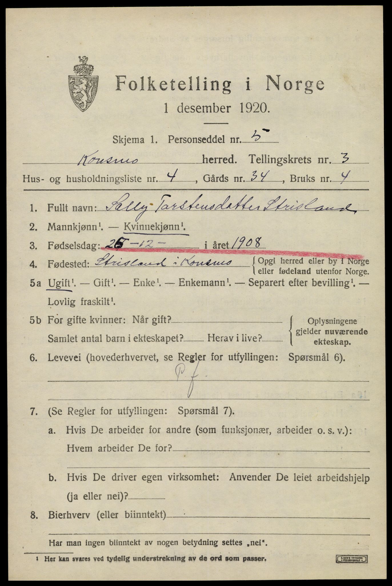 SAK, 1920 census for Konsmo, 1920, p. 1162