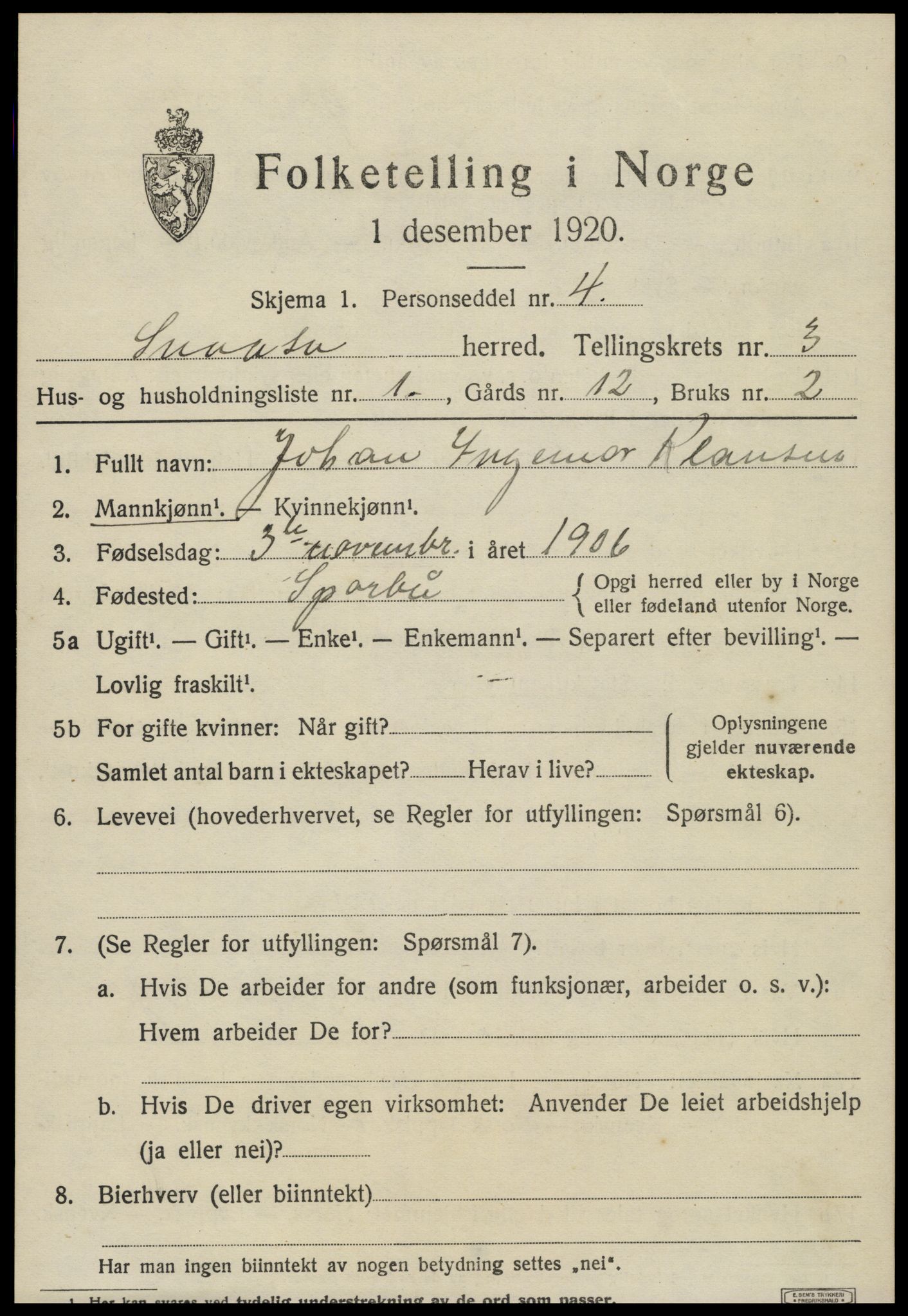 SAT, 1920 census for Snåsa, 1920, p. 1538
