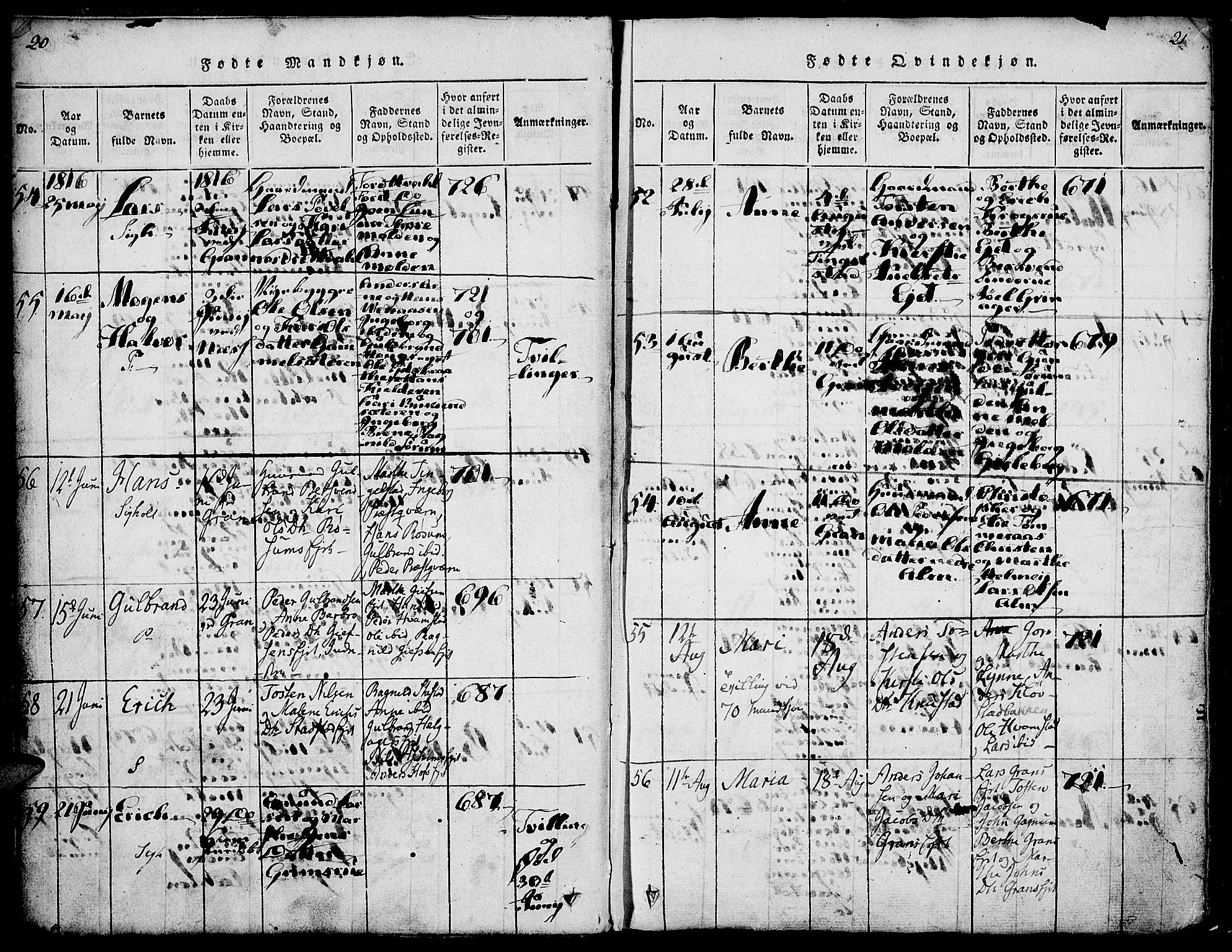 Gran prestekontor, AV/SAH-PREST-112/H/Ha/Haa/L0009: Parish register (official) no. 9, 1815-1824, p. 20-21