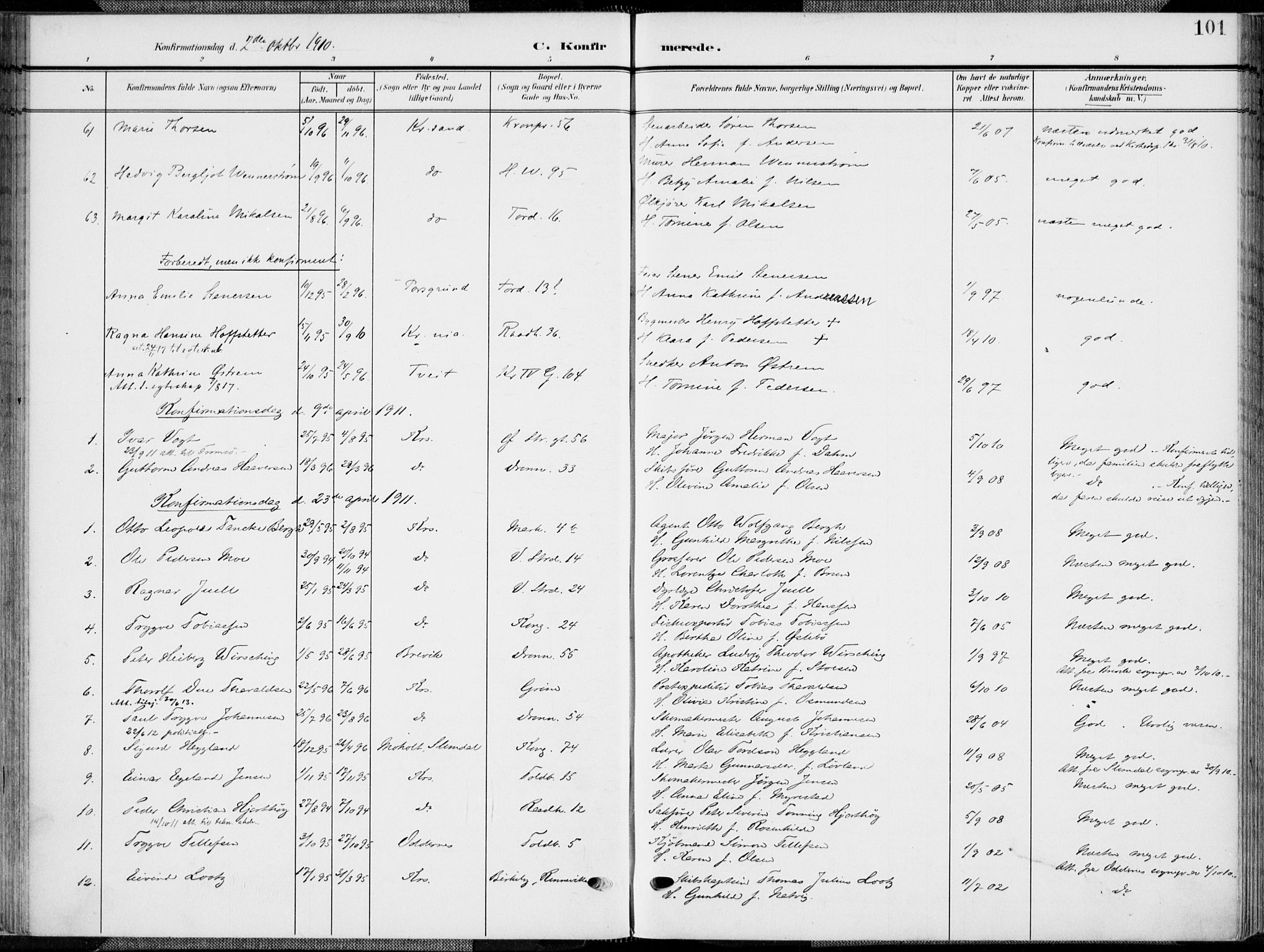 Kristiansand domprosti, SAK/1112-0006/F/Fa/L0022: Parish register (official) no. A 21, 1905-1916, p. 101