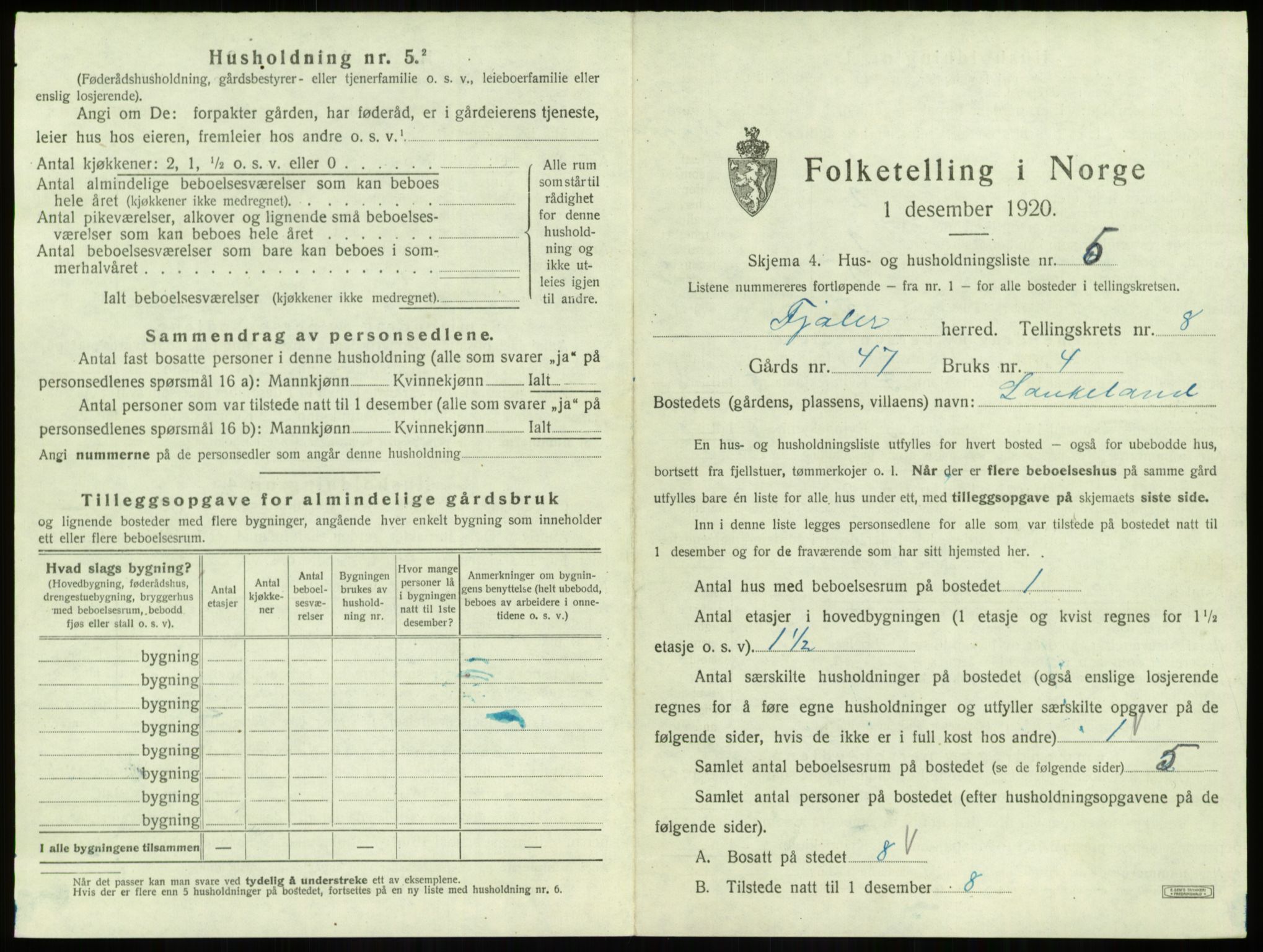 SAB, 1920 census for Fjaler, 1920, p. 601