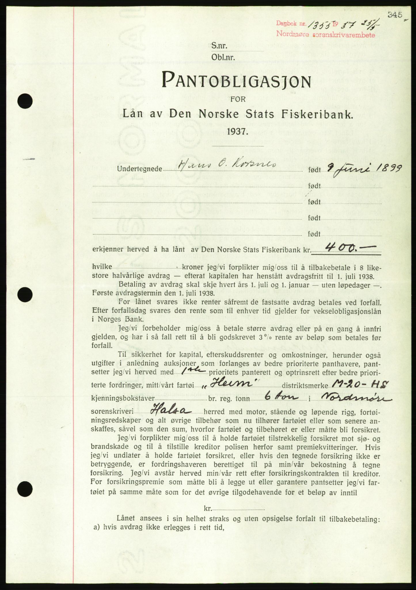 Nordmøre sorenskriveri, AV/SAT-A-4132/1/2/2Ca/L0091: Mortgage book no. B81, 1937-1937, Diary no: : 1355/1937