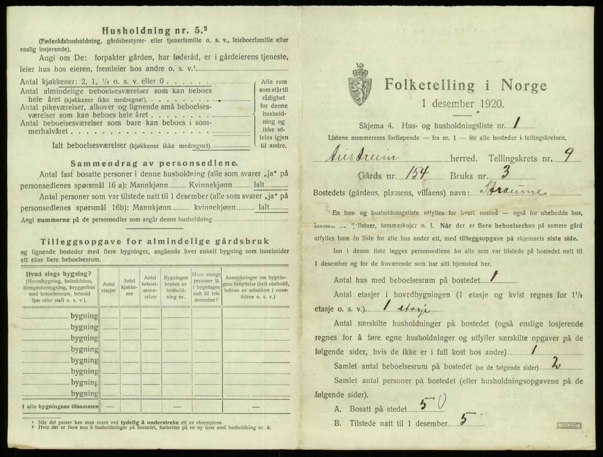 SAB, 1920 census for Austrheim, 1920, p. 421