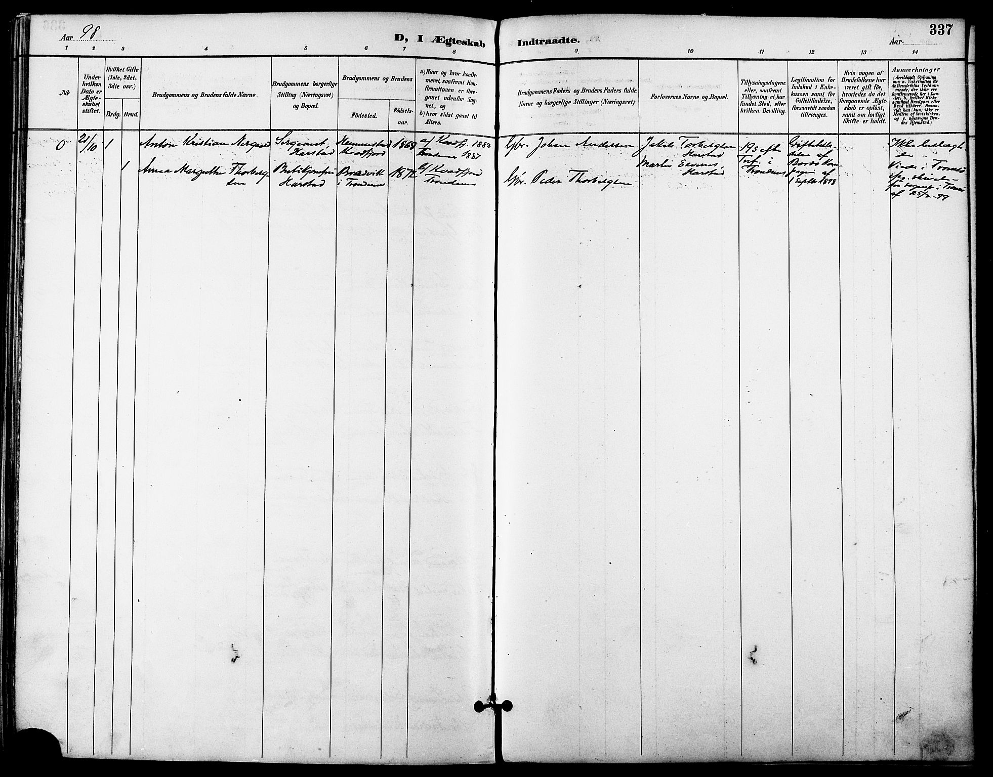 Trondenes sokneprestkontor, AV/SATØ-S-1319/H/Ha/L0016kirke: Parish register (official) no. 16, 1890-1898, p. 337