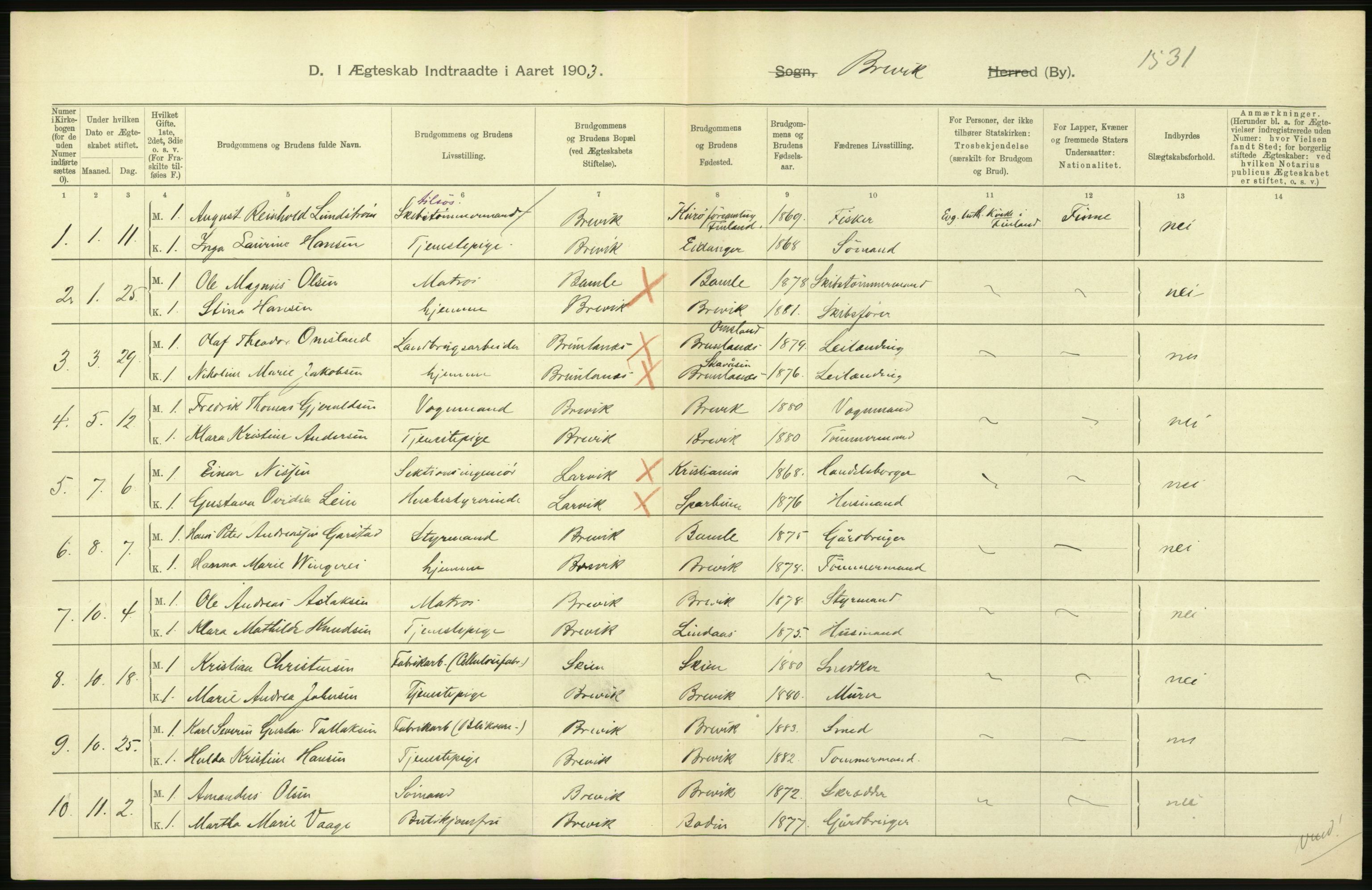 Statistisk sentralbyrå, Sosiodemografiske emner, Befolkning, AV/RA-S-2228/D/Df/Dfa/Dfaa/L0009: Bratsberg amt: Fødte, gifte, døde, 1903, p. 482