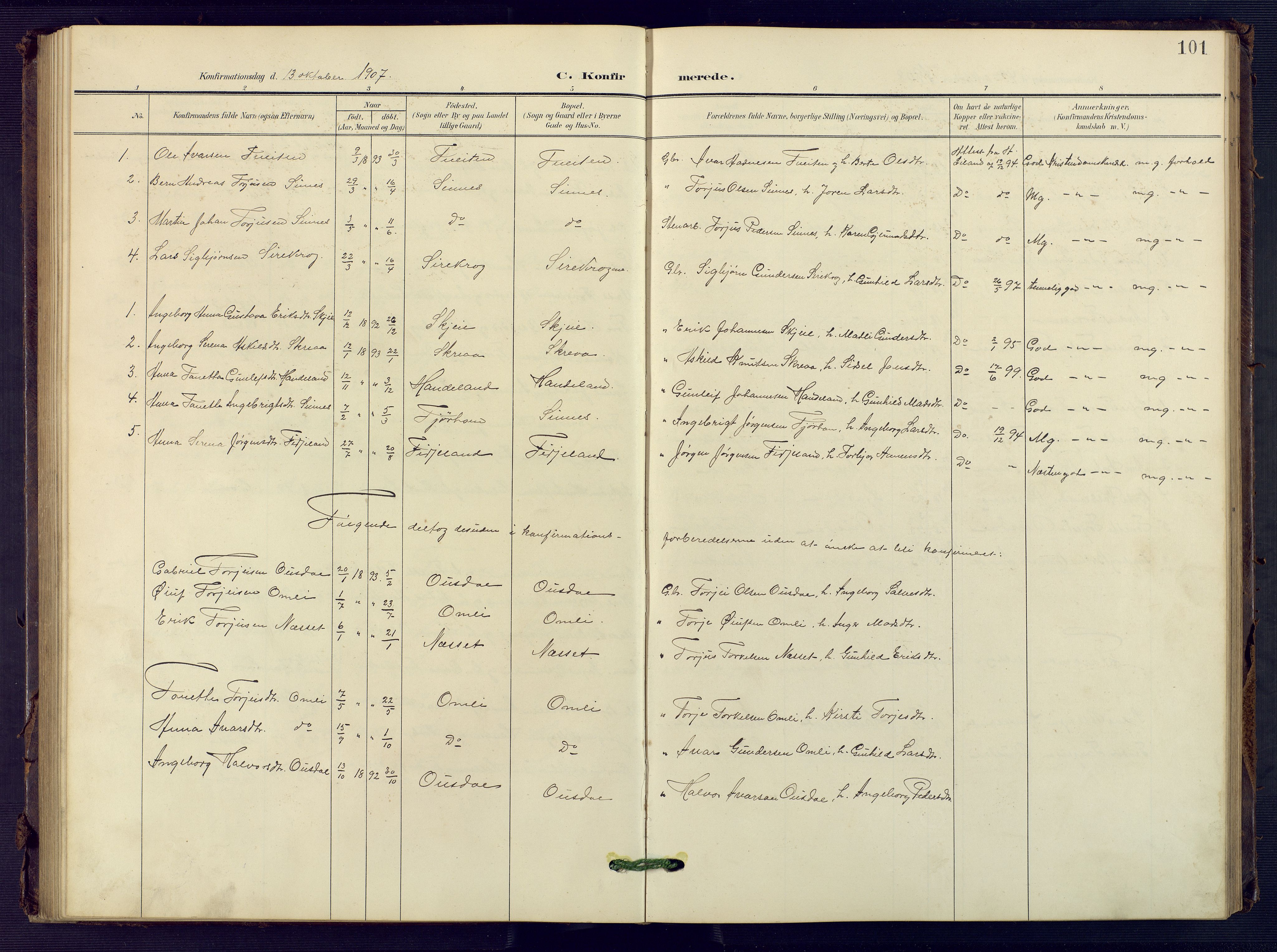 Sirdal sokneprestkontor, SAK/1111-0036/F/Fb/Fba/L0002: Parish register (copy) no. B 2, 1905-1958, p. 101